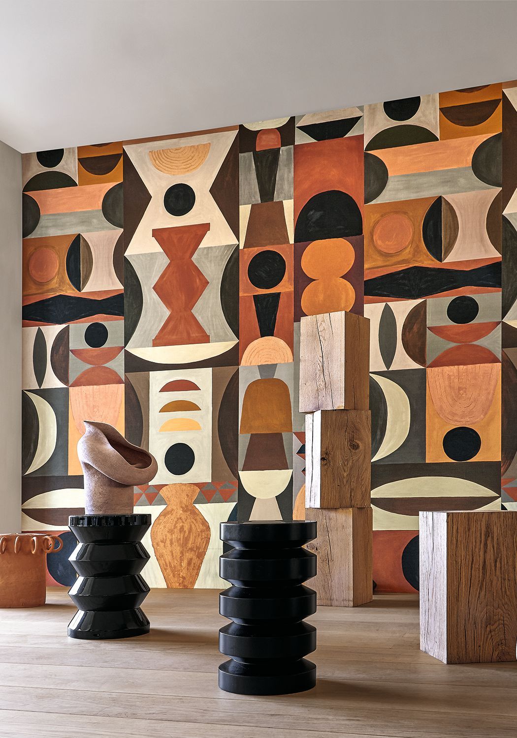 Mural with geometric pattern MODELAGE - TERRACOTTA/SABLE terracotta with brown