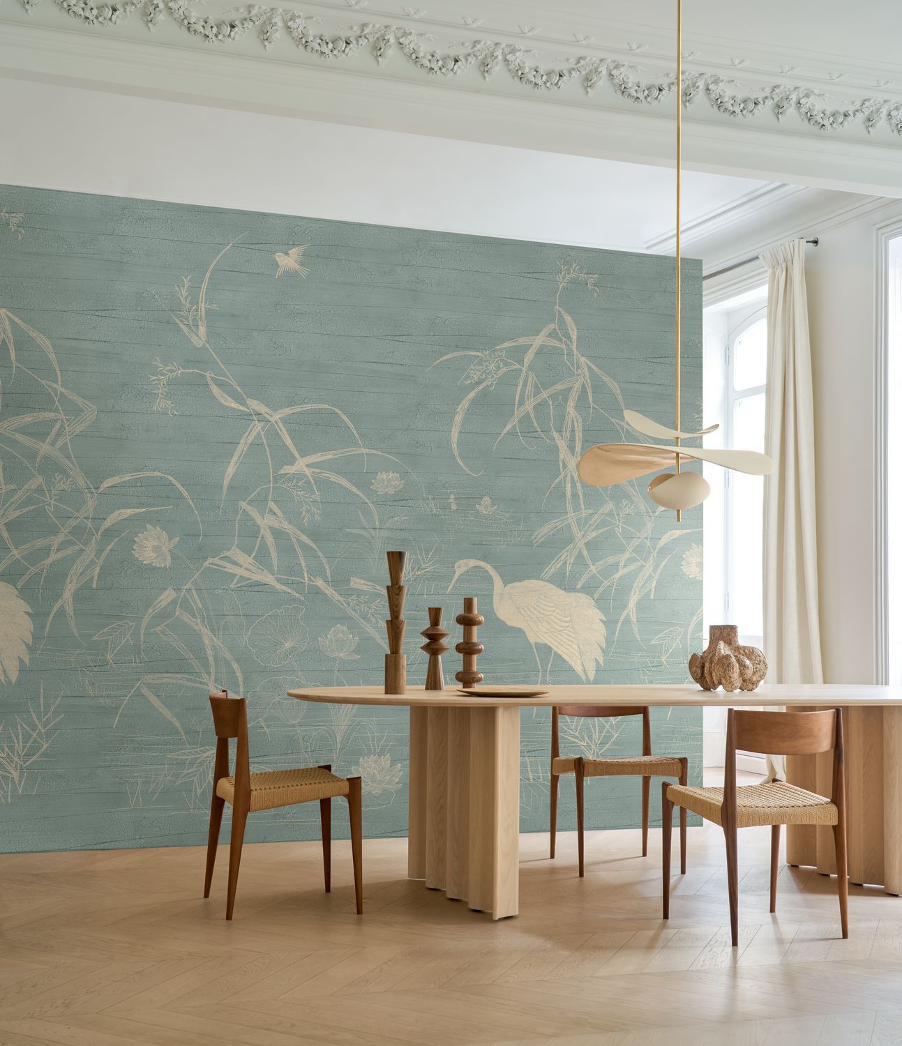 Wandbild mit Pflanzen- und Vogelmotiv NUIDO in Mintgrün mit Beige