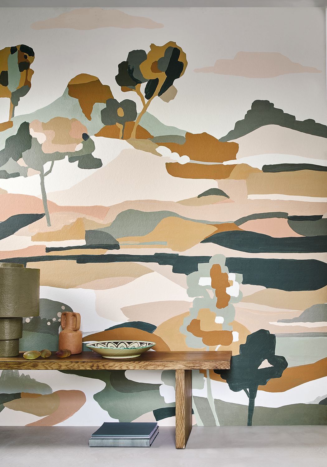 Abstraktes Wandbild mit Landschaft LE BASSIN grün mit beige