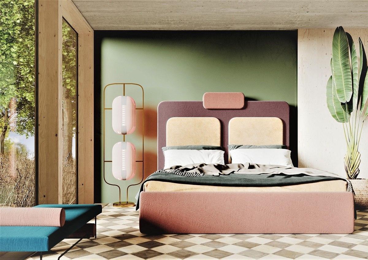 Łóżko tapicerowane PLUM 7 łososiowy z zielonym Happy Barok Eye on Design