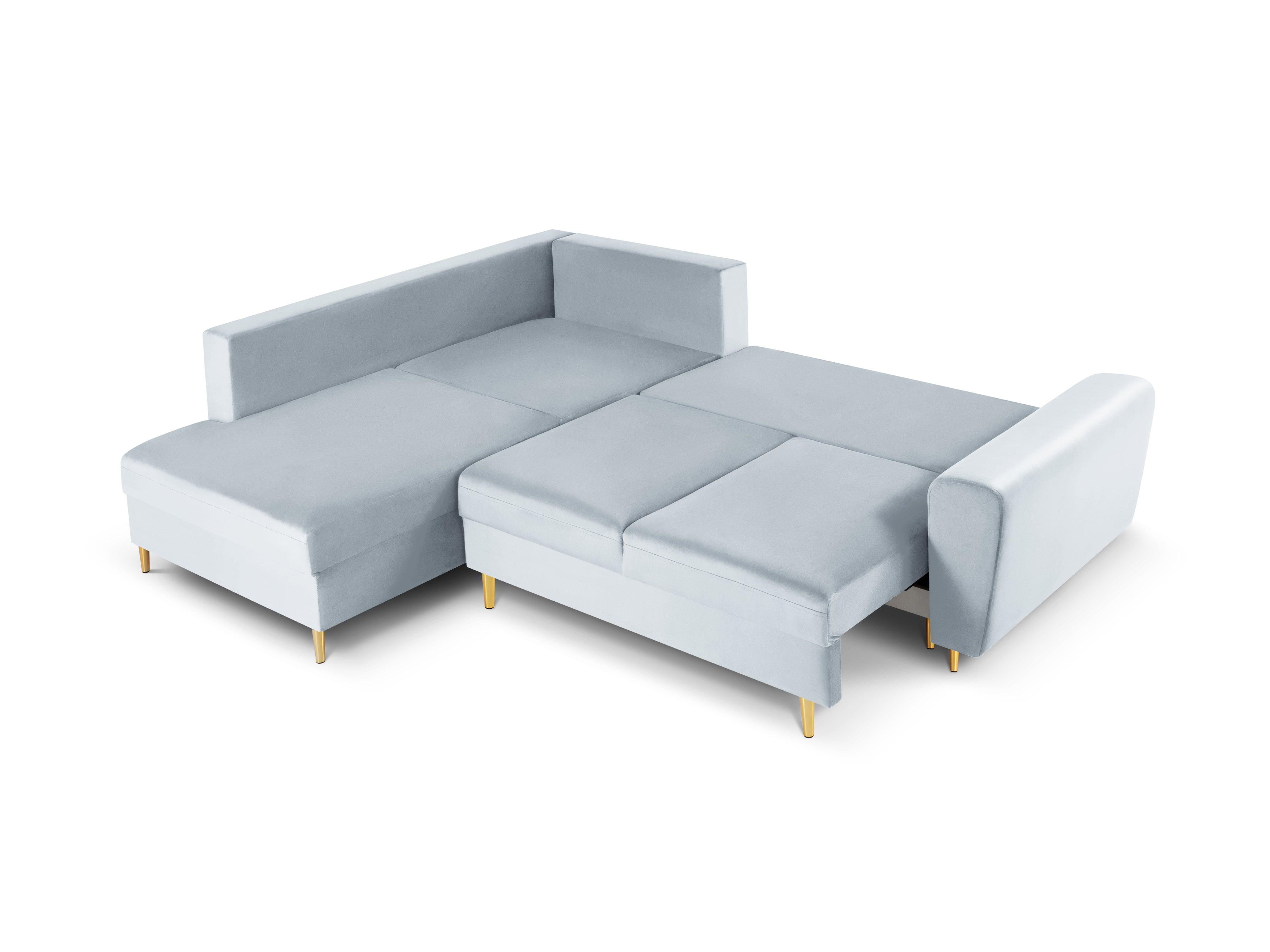 Narożnik 5-osobowy lewostronny z funkcją spania KYOTO jasnoniebieski ze złotą podstawą Cosmopolitan Design Eye on Design