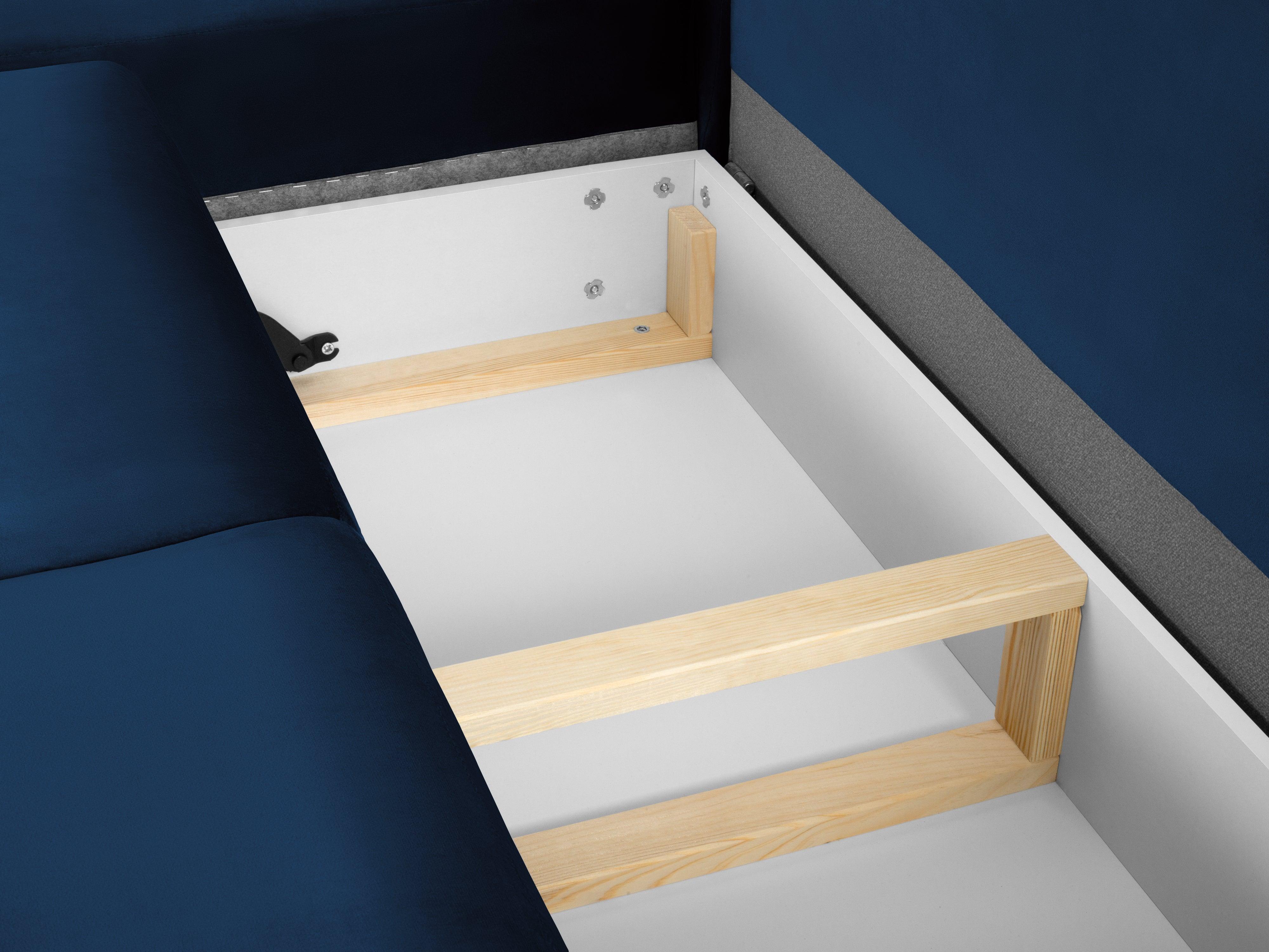 Narożnik 5-osobowy lewostronny z funkcją spania KYOTO niebieski ze złotą podstawą Cosmopolitan Design Eye on Design