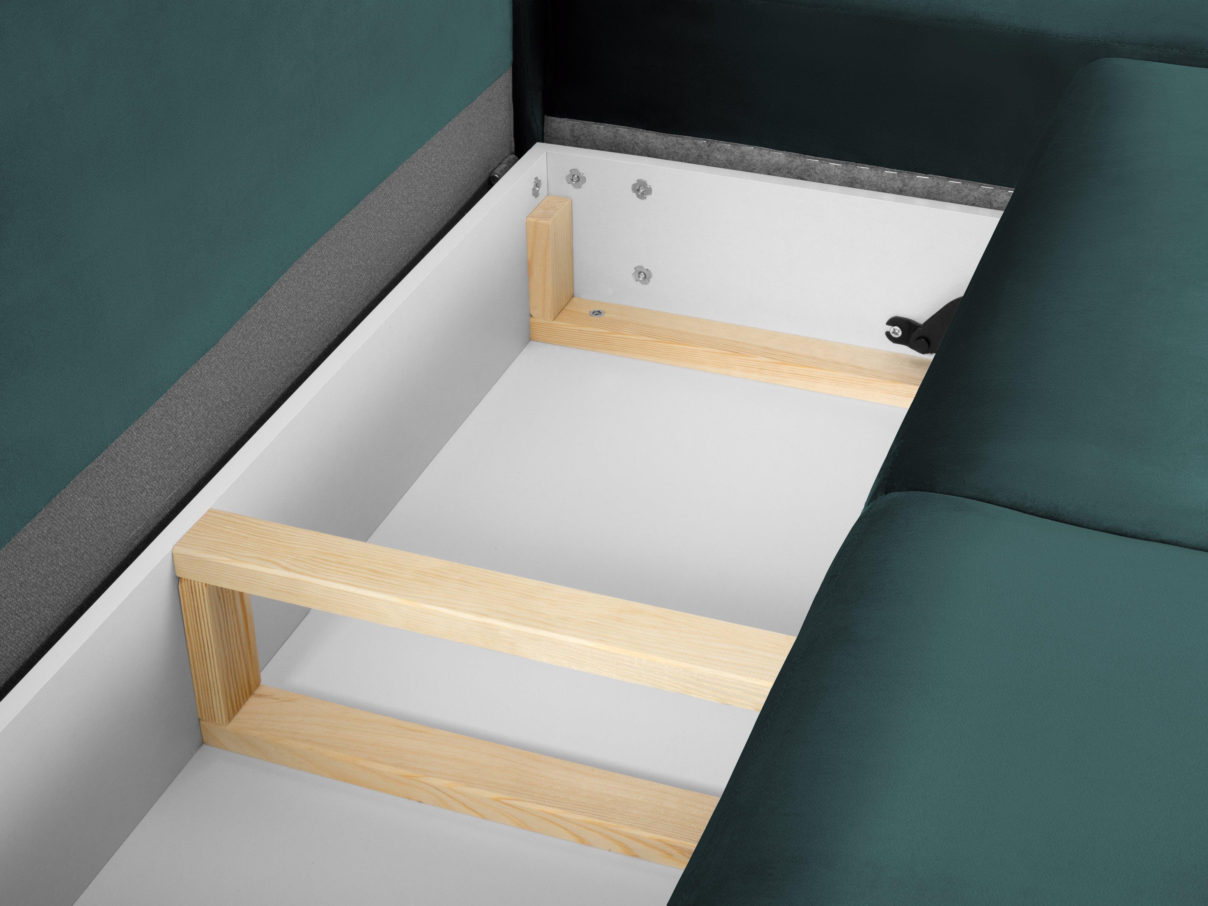 Narożnik 5-osobowy prawostronny z funkcją spania KYOTO petrol z czarną podstawą Cosmopolitan Design Eye on Design