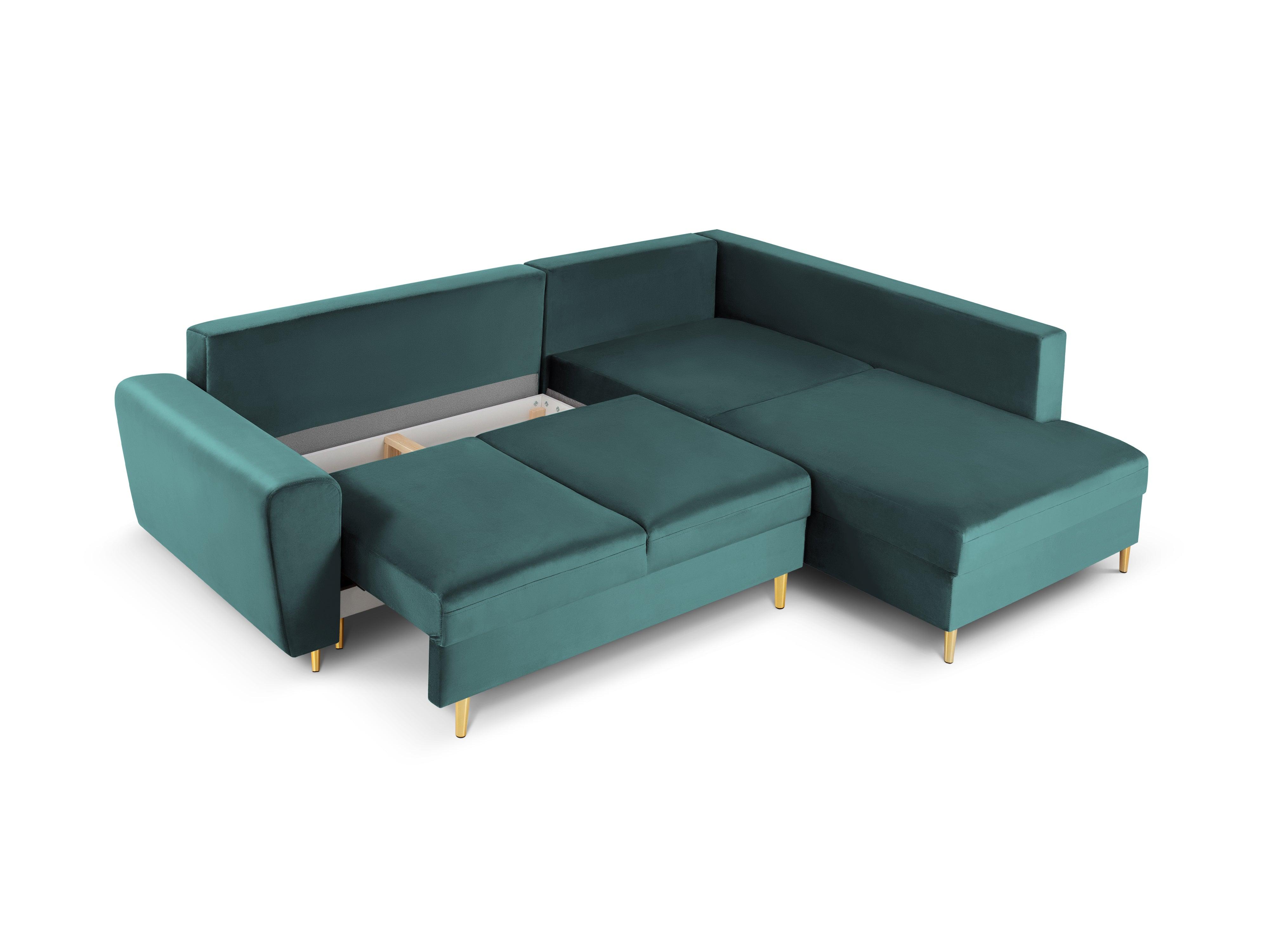 Narożnik 5-osobowy prawostronny z funkcją spania KYOTO petrol ze złotą podstawą Cosmopolitan Design Eye on Design