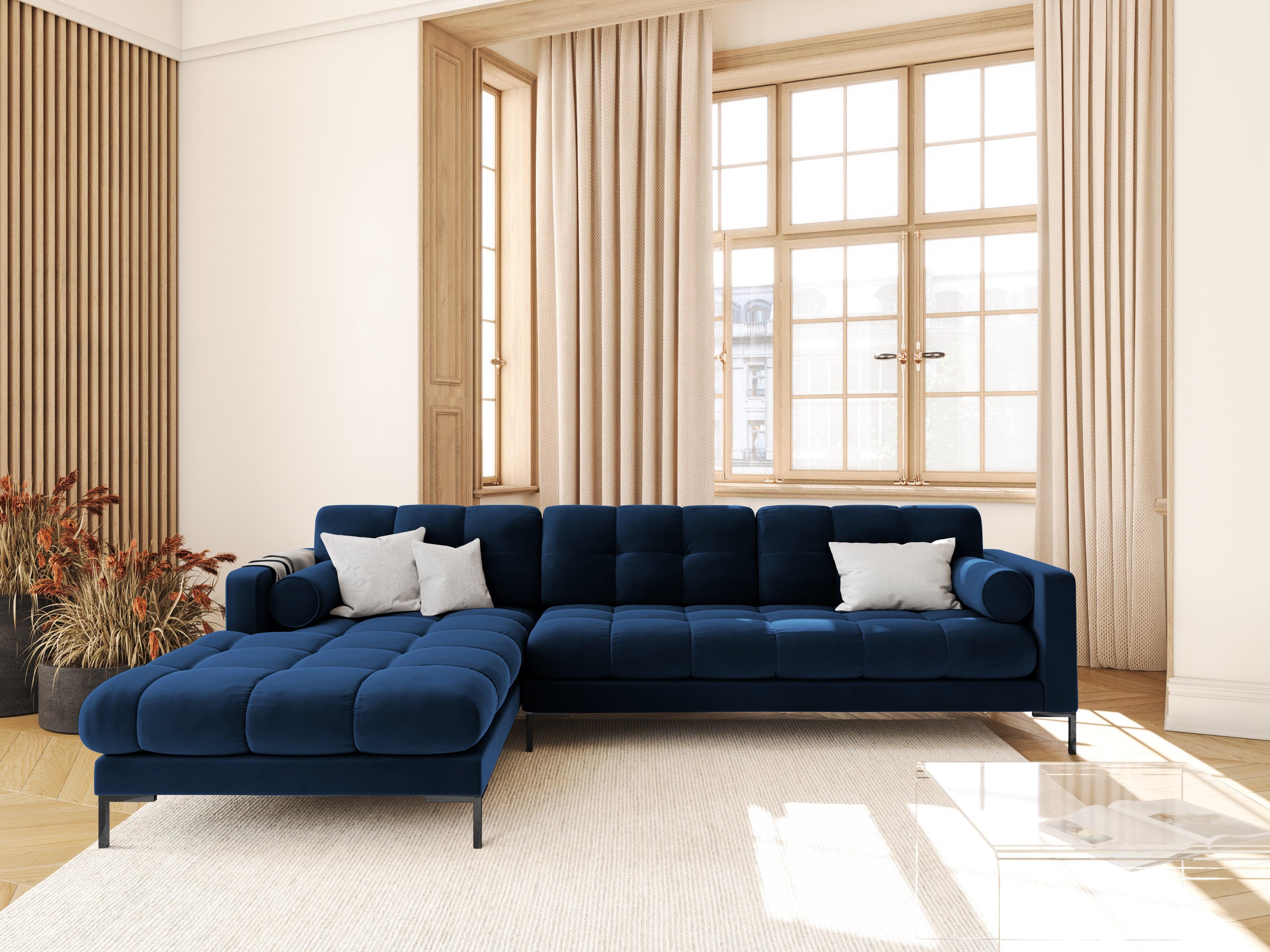 Narożnik aksamitny lewostronny BALI granat królewski z czarną podstawą – Cosmopolitan Design