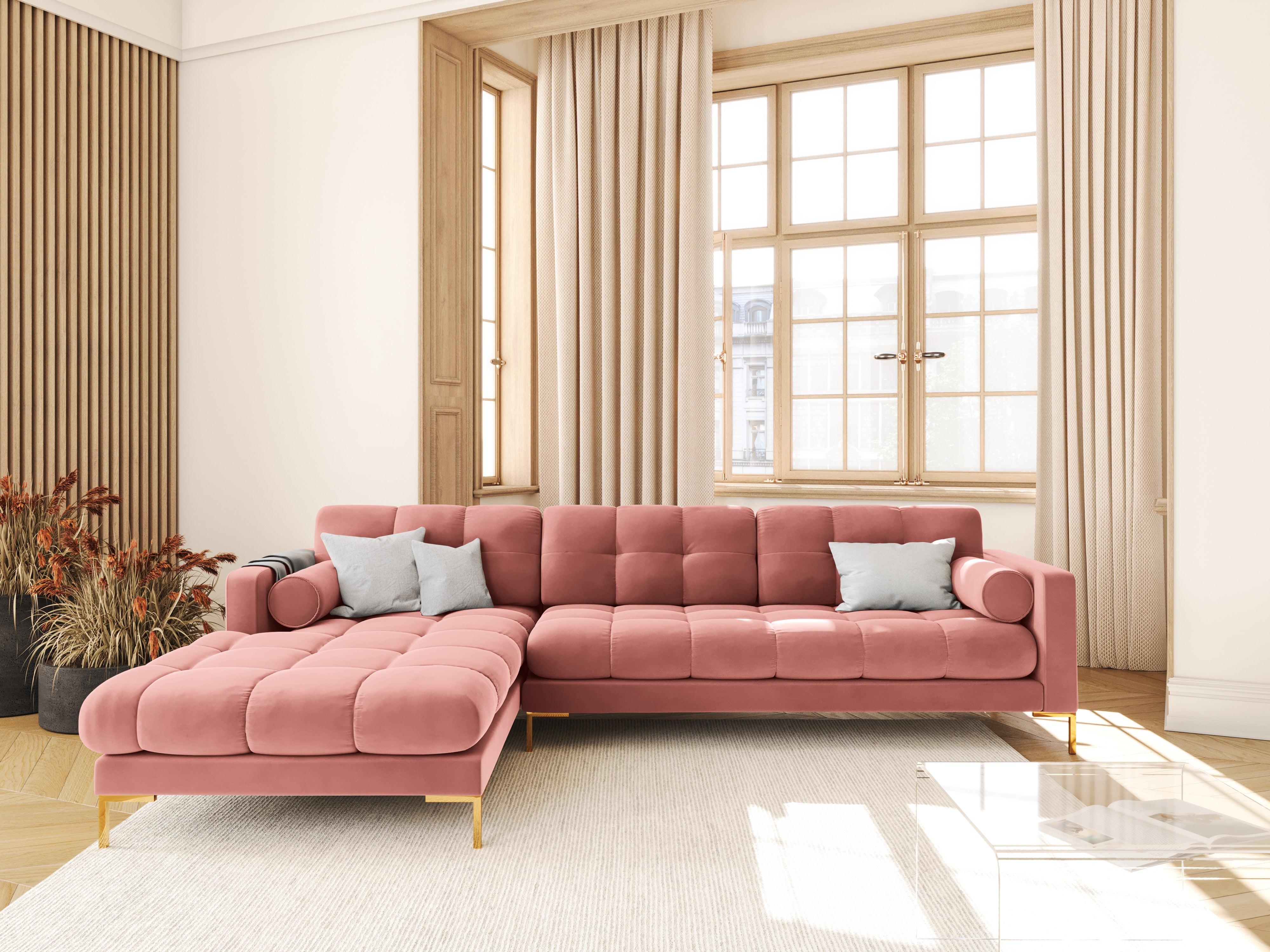 Narożnik aksamitny lewostronny BALI różowy ze złotą podstawą Cosmopolitan Design Eye on Design