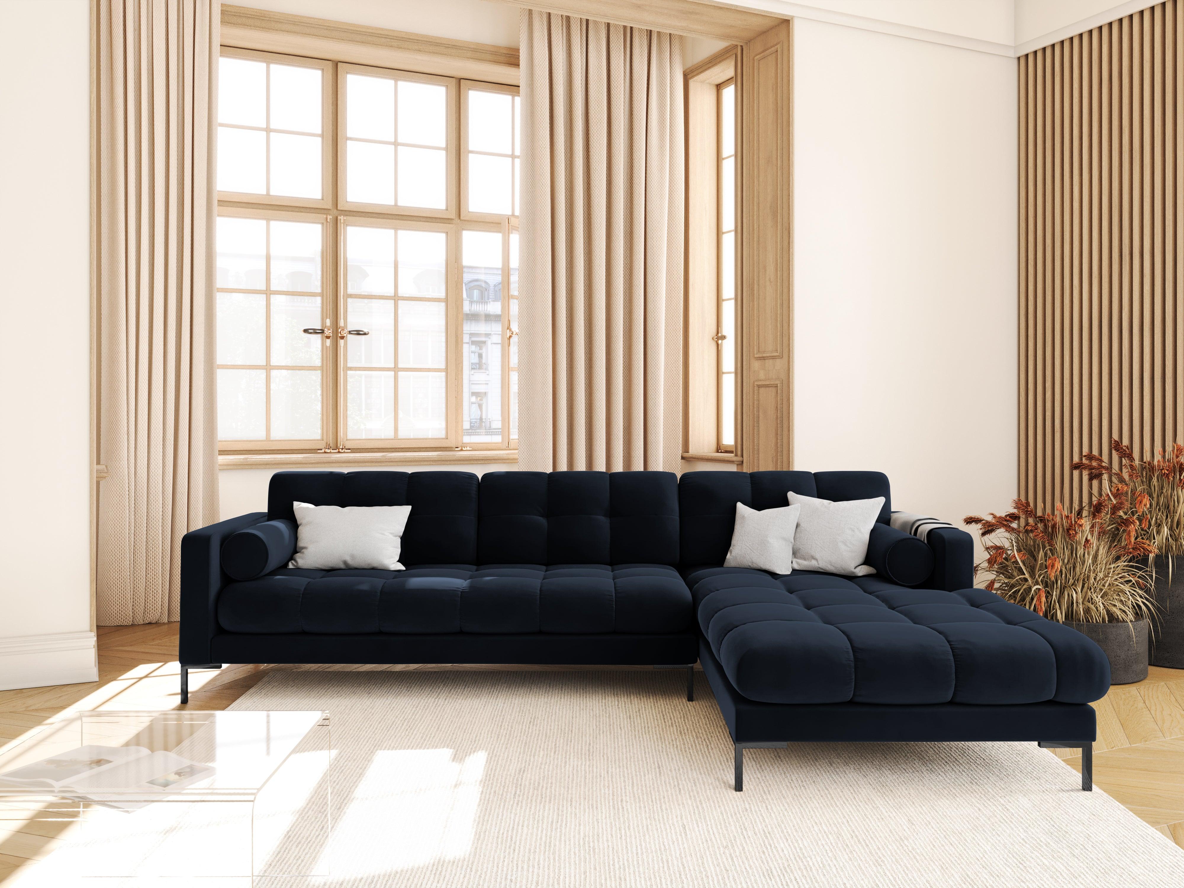 Narożnik aksamitny prawostronny BALI ciemnoniebieski z czarną podstawą Cosmopolitan Design Eye on Design
