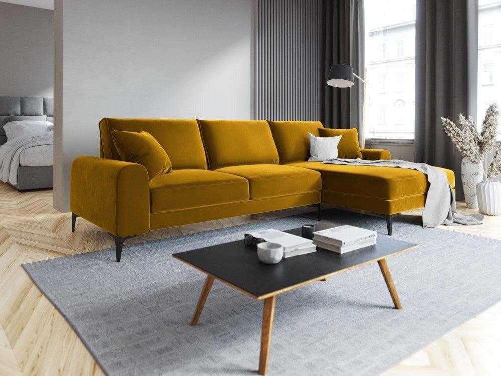Narożnik aksamitny prawostronny MADARA musztardowy z czarną podstawą Mazzini Sofas Eye on Design