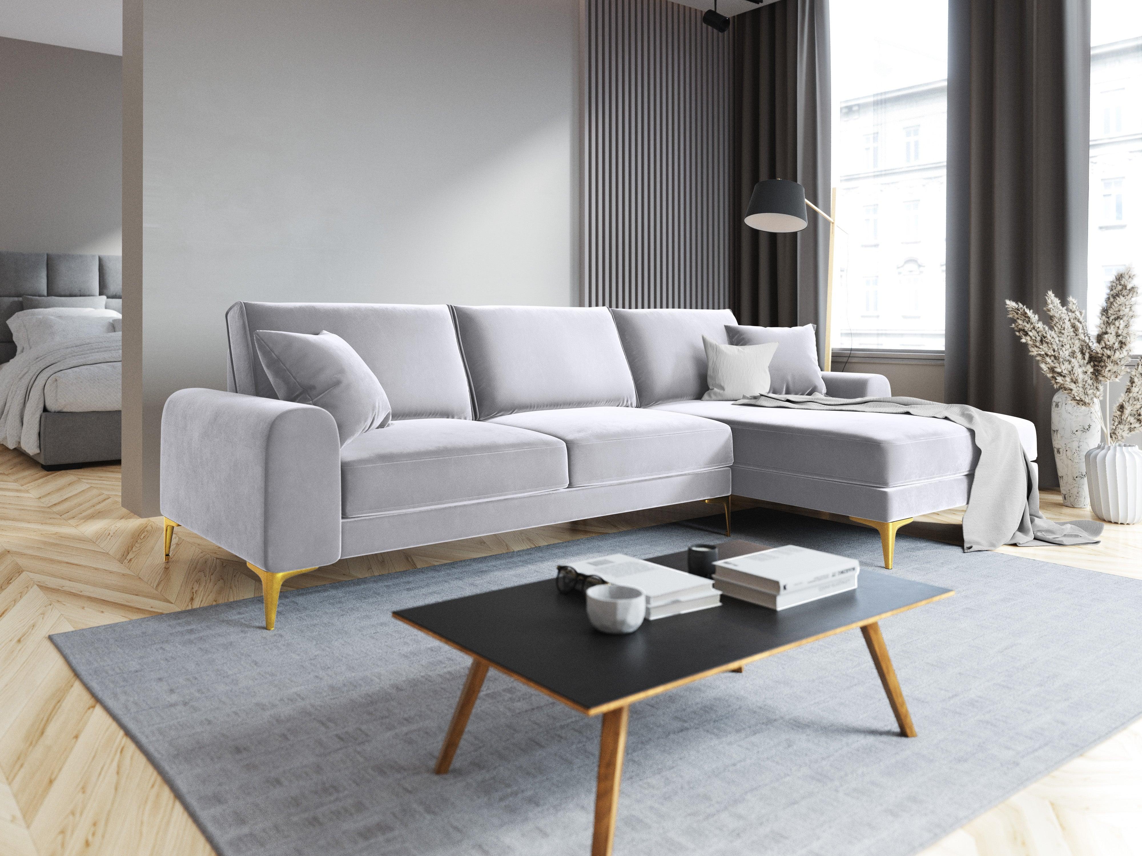 Narożnik aksamitny prawostronny MADARA srebrny ze złotą podstawą Mazzini Sofas Eye on Design