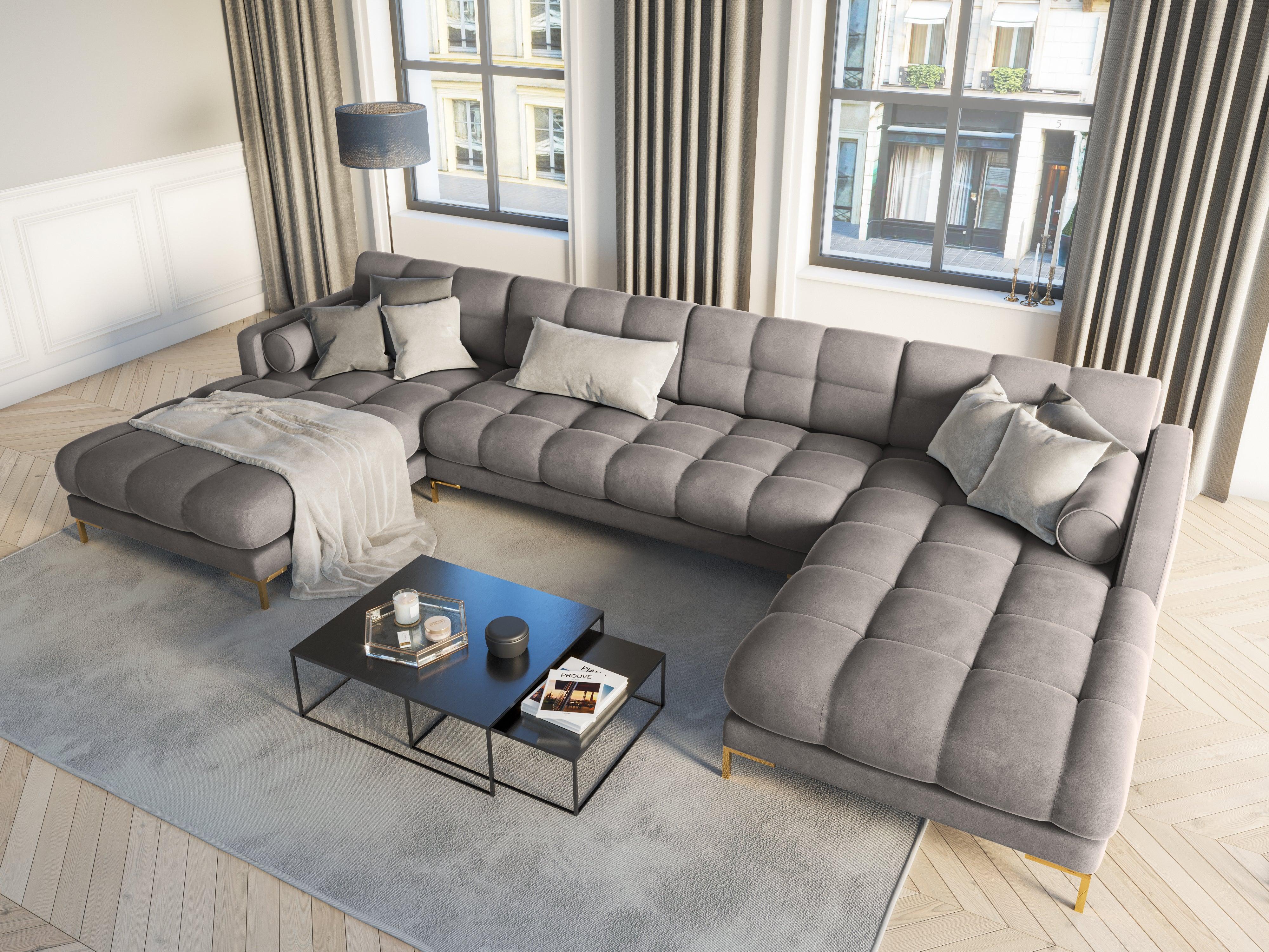 Narożnik aksamitny w kształcie U BALI jasnoszary ze złotą podstawą Cosmopolitan Design Eye on Design