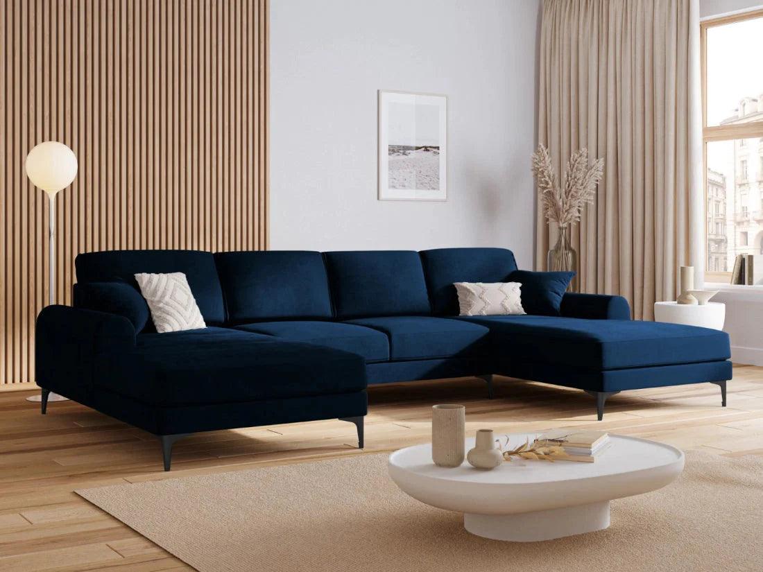 Narożnik aksamitny w kształcie U MADARA królewski niebieski z czarną podstawą Mazzini Sofas Eye on Design