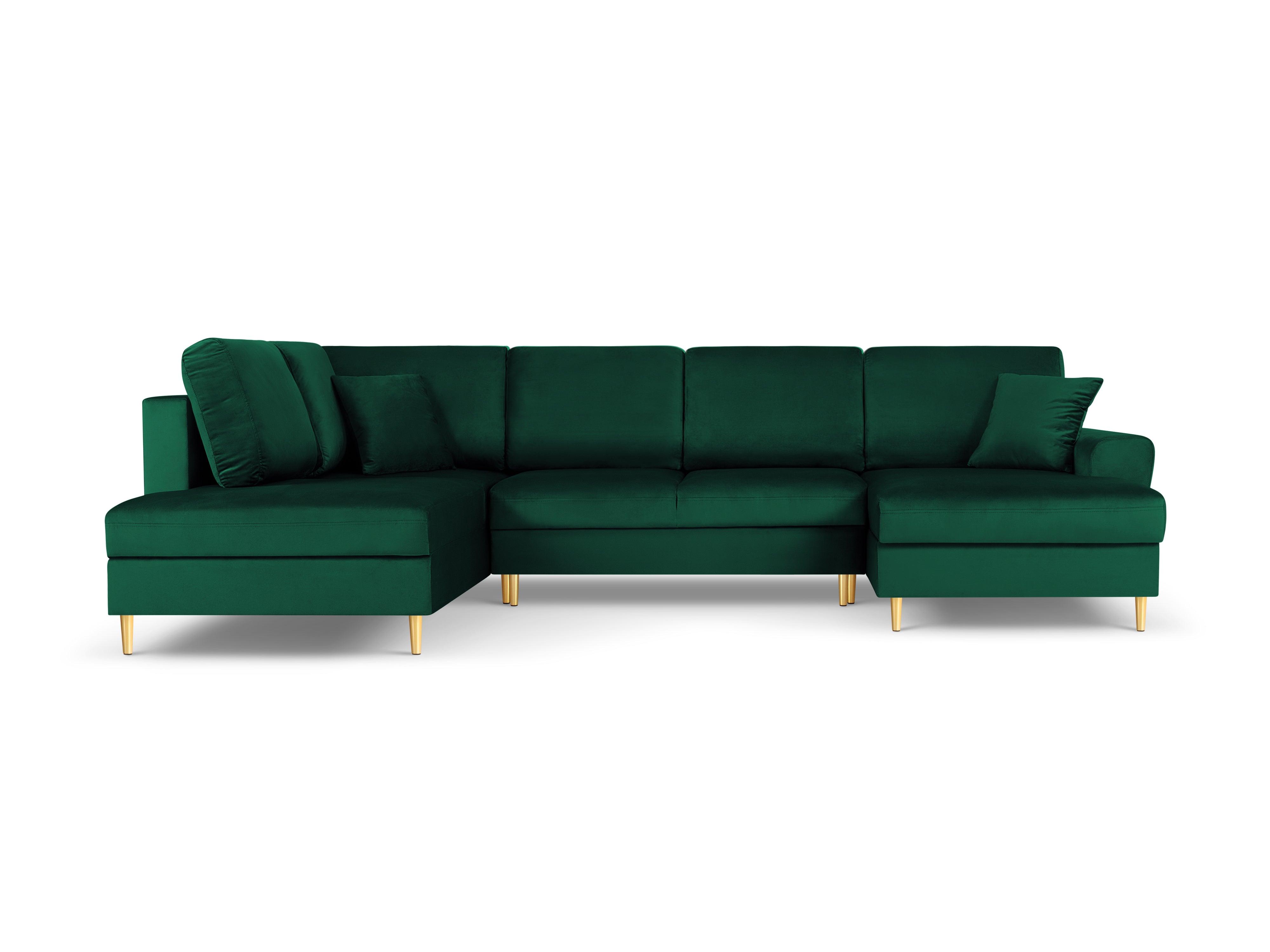 Narożnik lewostronny aksamitny panoramiczny z funkcją spania KYOTO butelkowa zieleń ze złotą podstawą Cosmopolitan Design Eye on Design