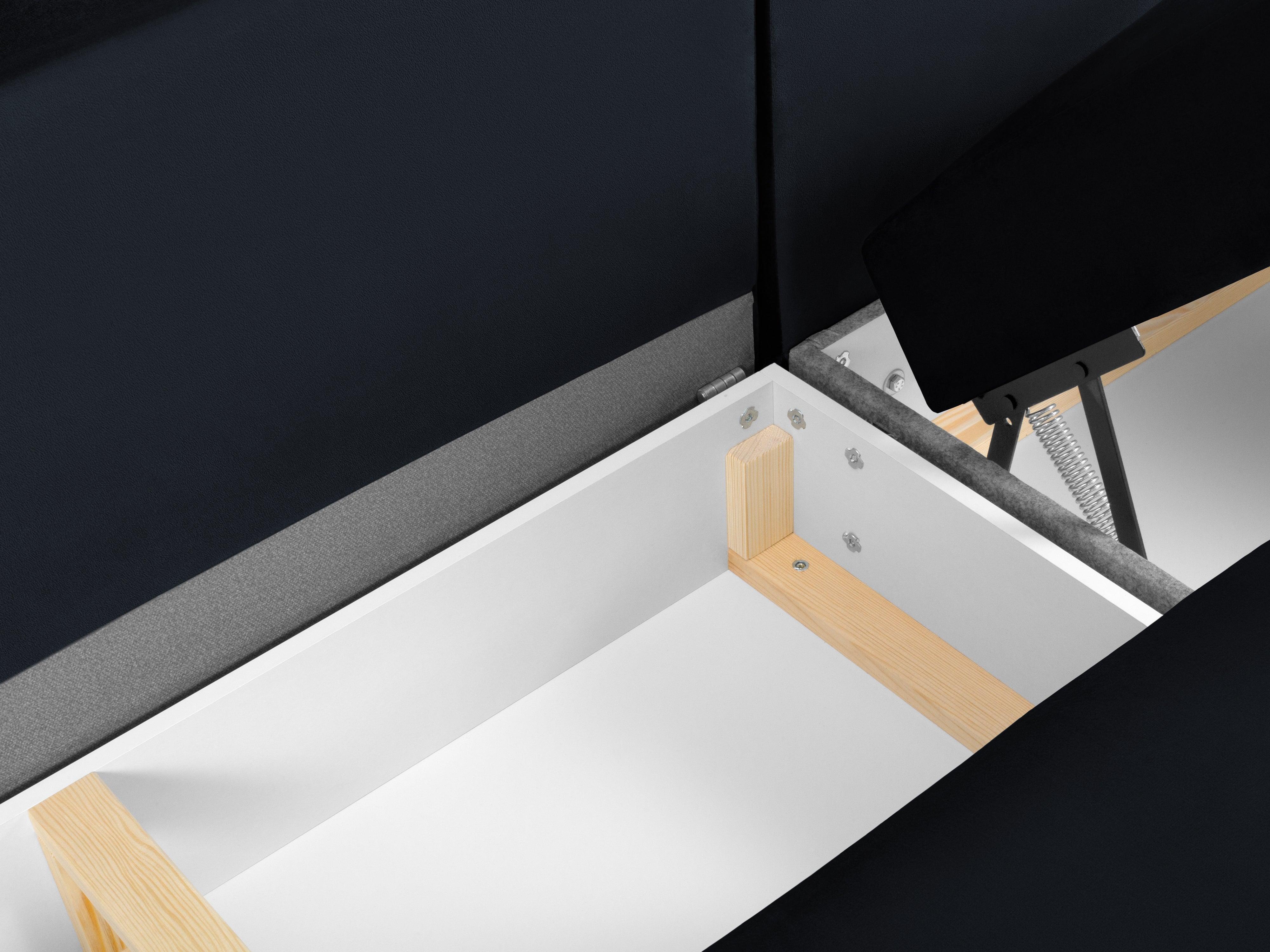 Narożnik lewostronny aksamitny panoramiczny z funkcją spania KYOTO ciemnoniebieski ze złotą podstawą Cosmopolitan Design Eye on Design