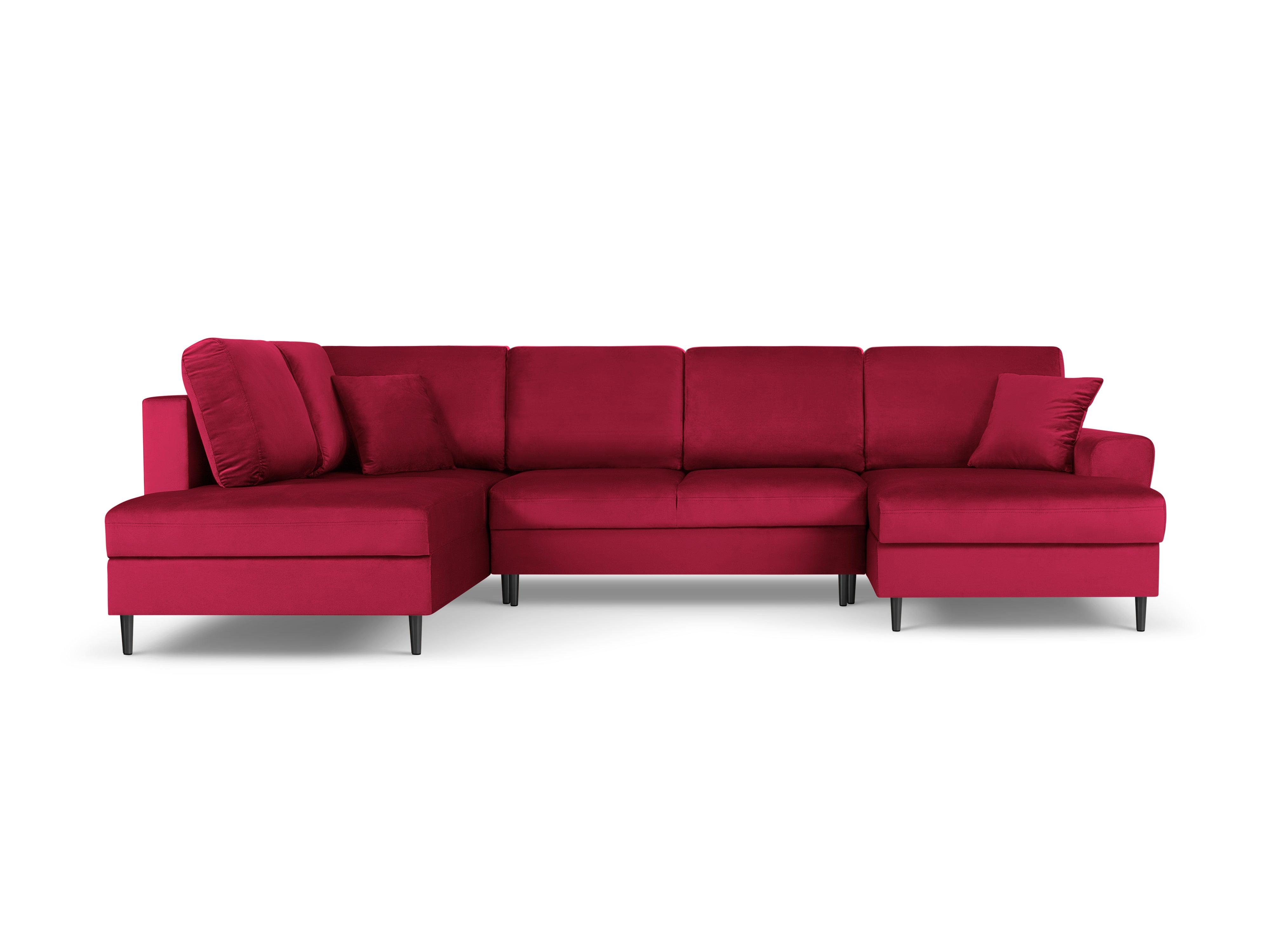 Narożnik lewostronny aksamitny panoramiczny z funkcją spania KYOTO czerwony z czarną podstawą Cosmopolitan Design Eye on Design