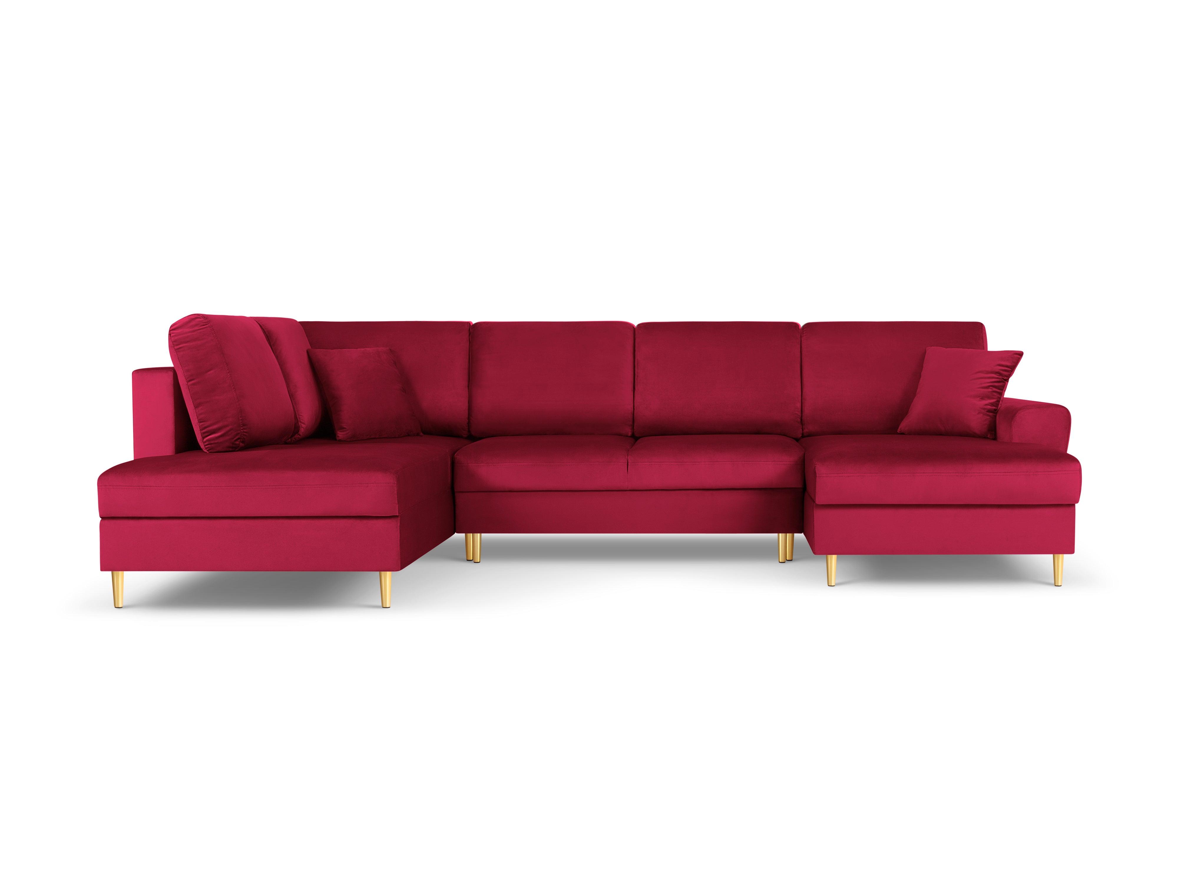 Narożnik lewostronny aksamitny panoramiczny z funkcją spania KYOTO czerwony ze złotą podstawą Cosmopolitan Design Eye on Design