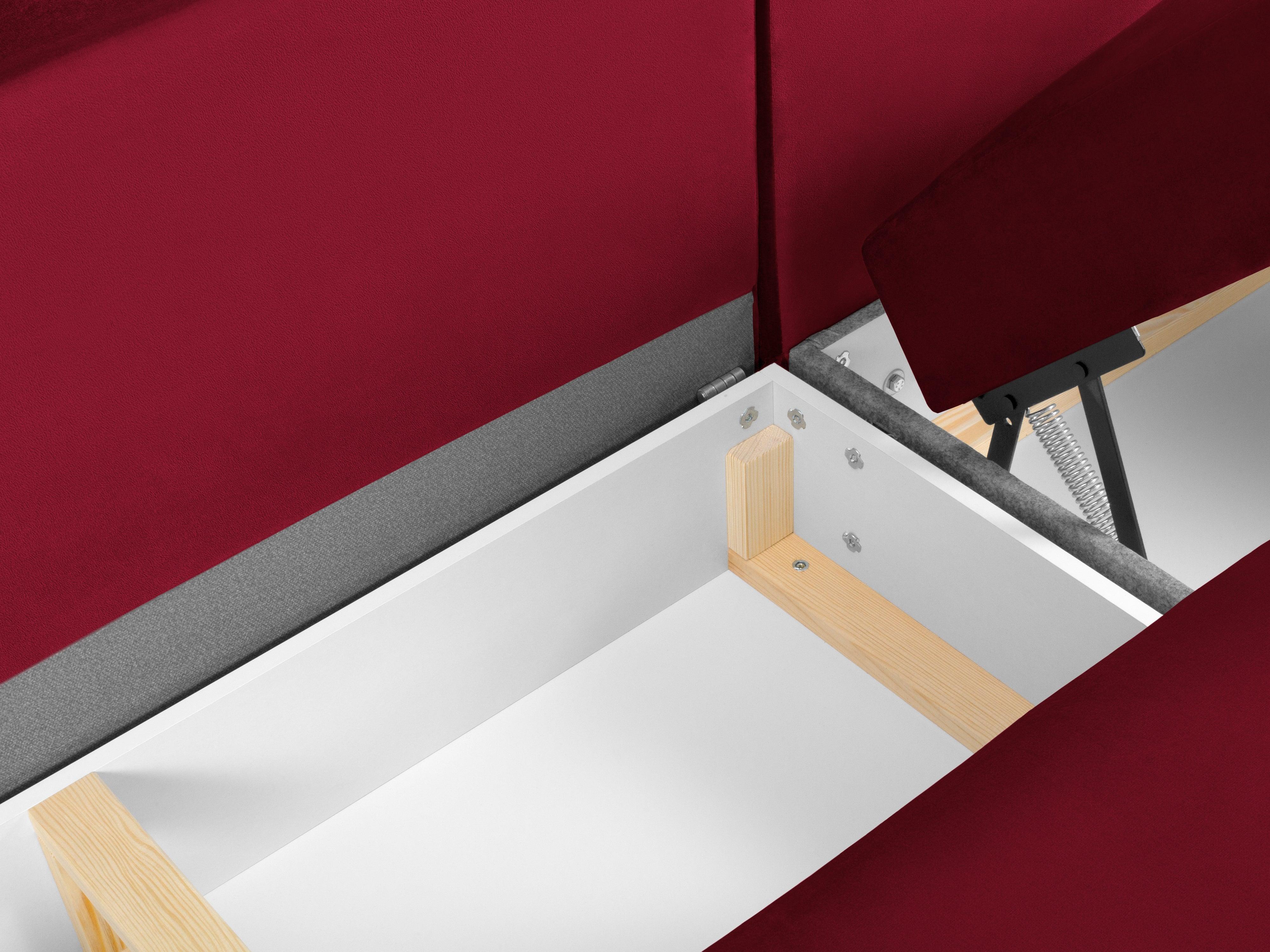 Narożnik lewostronny aksamitny panoramiczny z funkcją spania KYOTO czerwony ze złotą podstawą Cosmopolitan Design Eye on Design