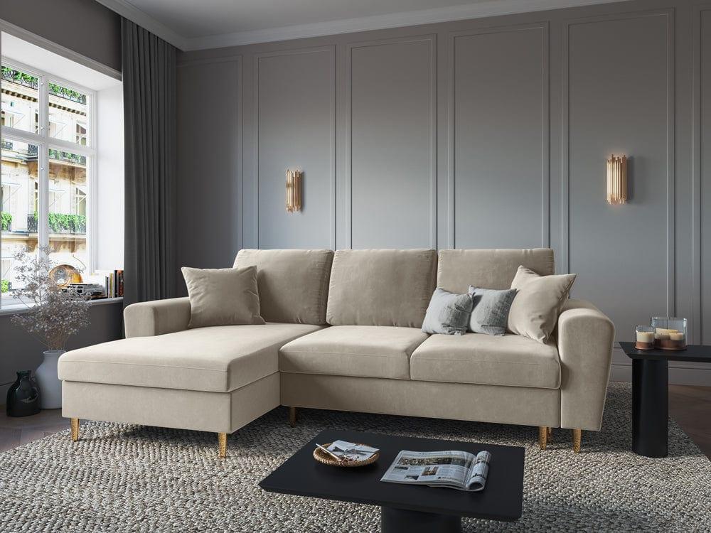 Narożnik lewostronny aksamitny z funkcją spania KYOTO beżowy ze złotą podstawą Cosmopolitan Design Eye on Design