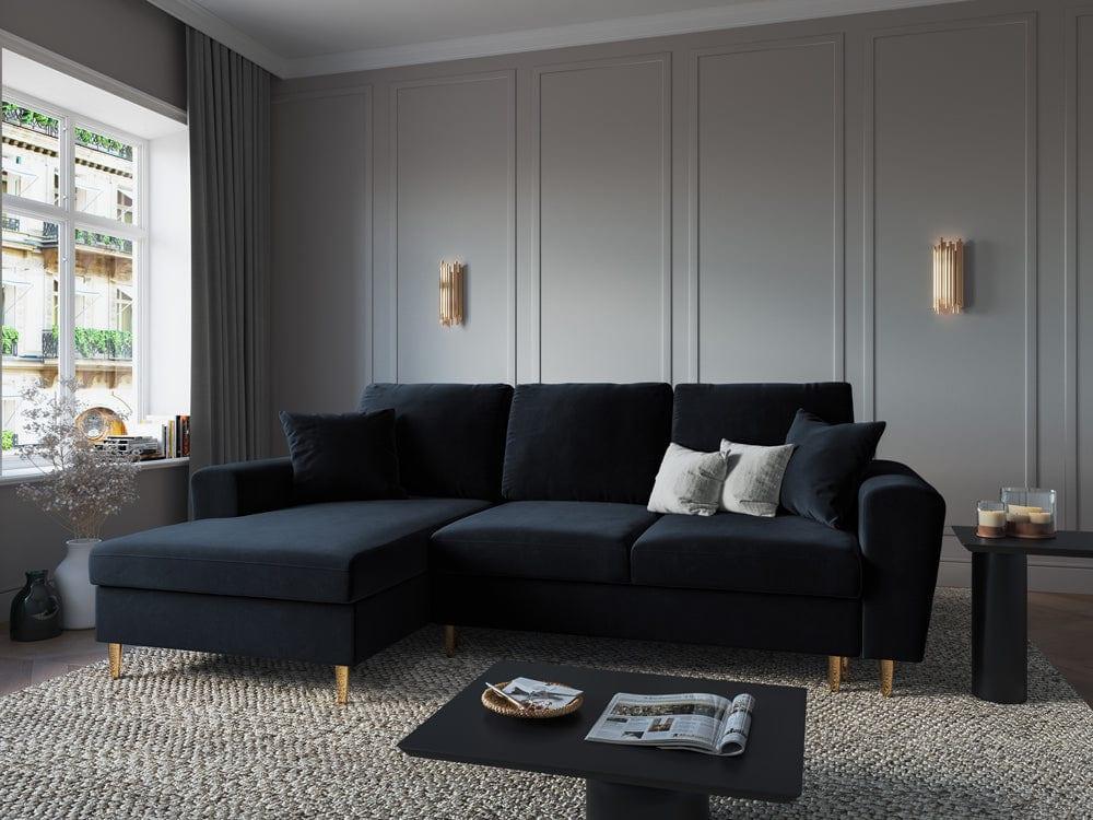 Narożnik lewostronny aksamitny z funkcją spania KYOTO ciemnoniebieski ze złotą podstawą Cosmopolitan Design Eye on Design