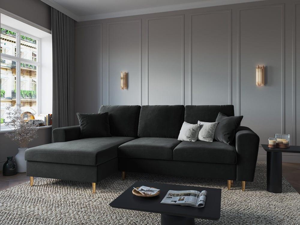 Narożnik lewostronny aksamitny z funkcją spania KYOTO ciemnoszary ze złotą podstawą Cosmopolitan Design Eye on Design