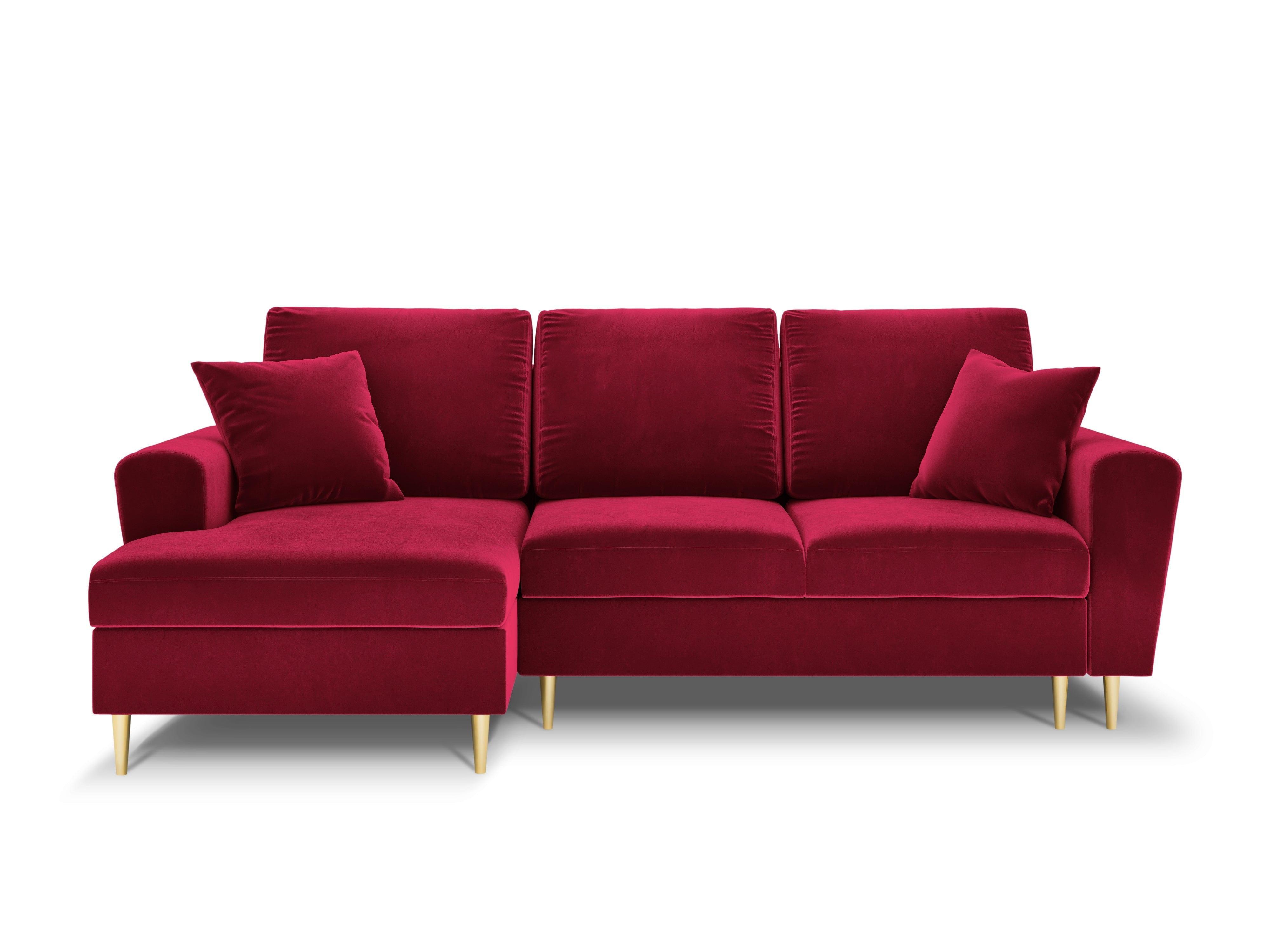 Narożnik lewostronny aksamitny z funkcją spania KYOTO czerwony ze złotą podstawą Cosmopolitan Design Eye on Design