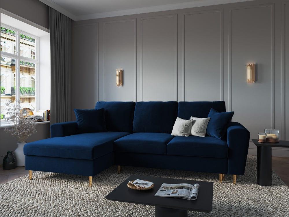 Narożnik lewostronny aksamitny z funkcją spania KYOTO niebieski ze złotą podstawą Cosmopolitan Design Eye on Design