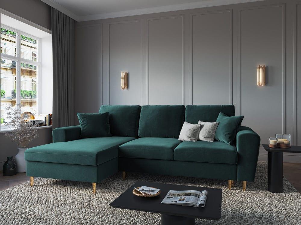 Narożnik lewostronny aksamitny z funkcją spania KYOTO petrol ze złotą podstawą Cosmopolitan Design Eye on Design