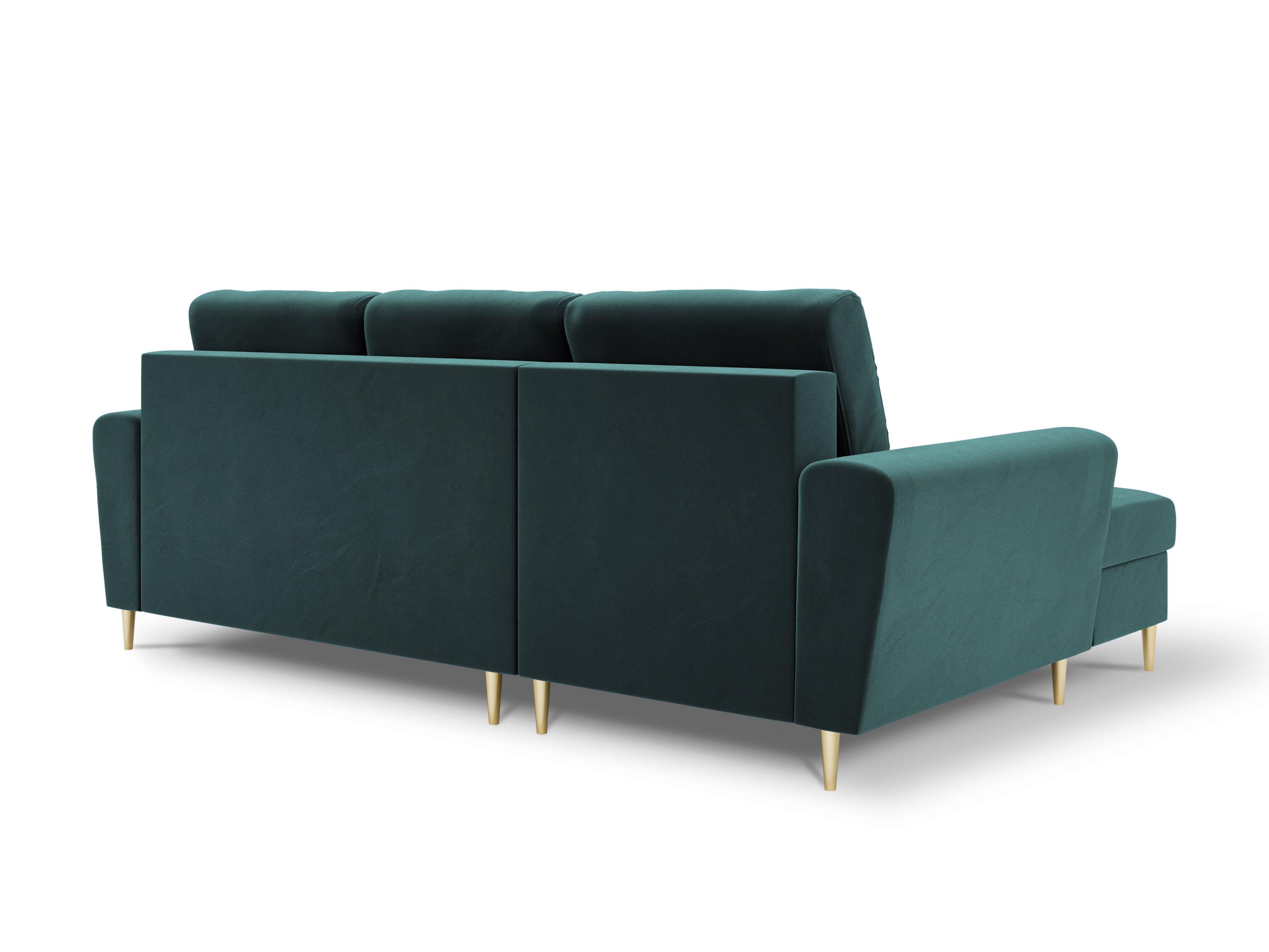 Narożnik lewostronny aksamitny z funkcją spania KYOTO petrol ze złotą podstawą Cosmopolitan Design Eye on Design