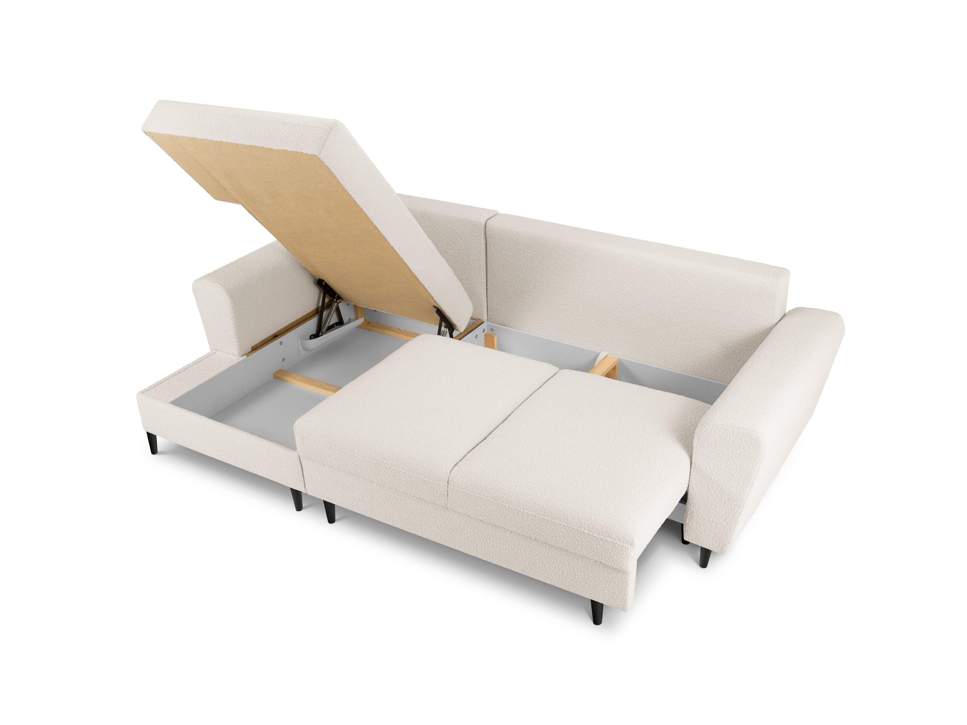 Narożnik lewostronny z funkcją spania KYOTO beżowy bouclé z czarną podstawą Cosmopolitan Design Eye on Design