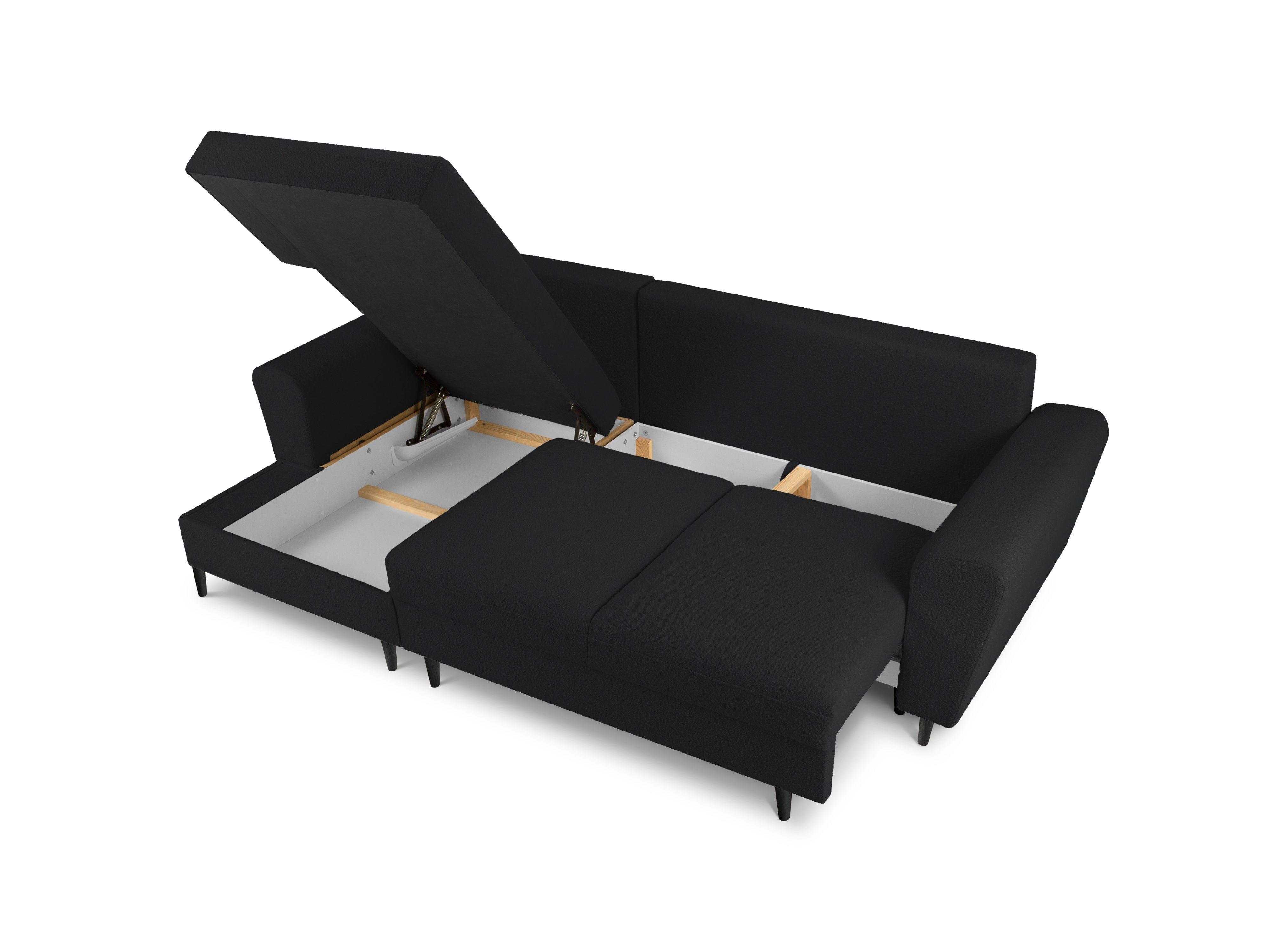 Narożnik lewostronny z funkcją spania KYOTO czarny bouclé z czarną podstawą Cosmopolitan Design Eye on Design