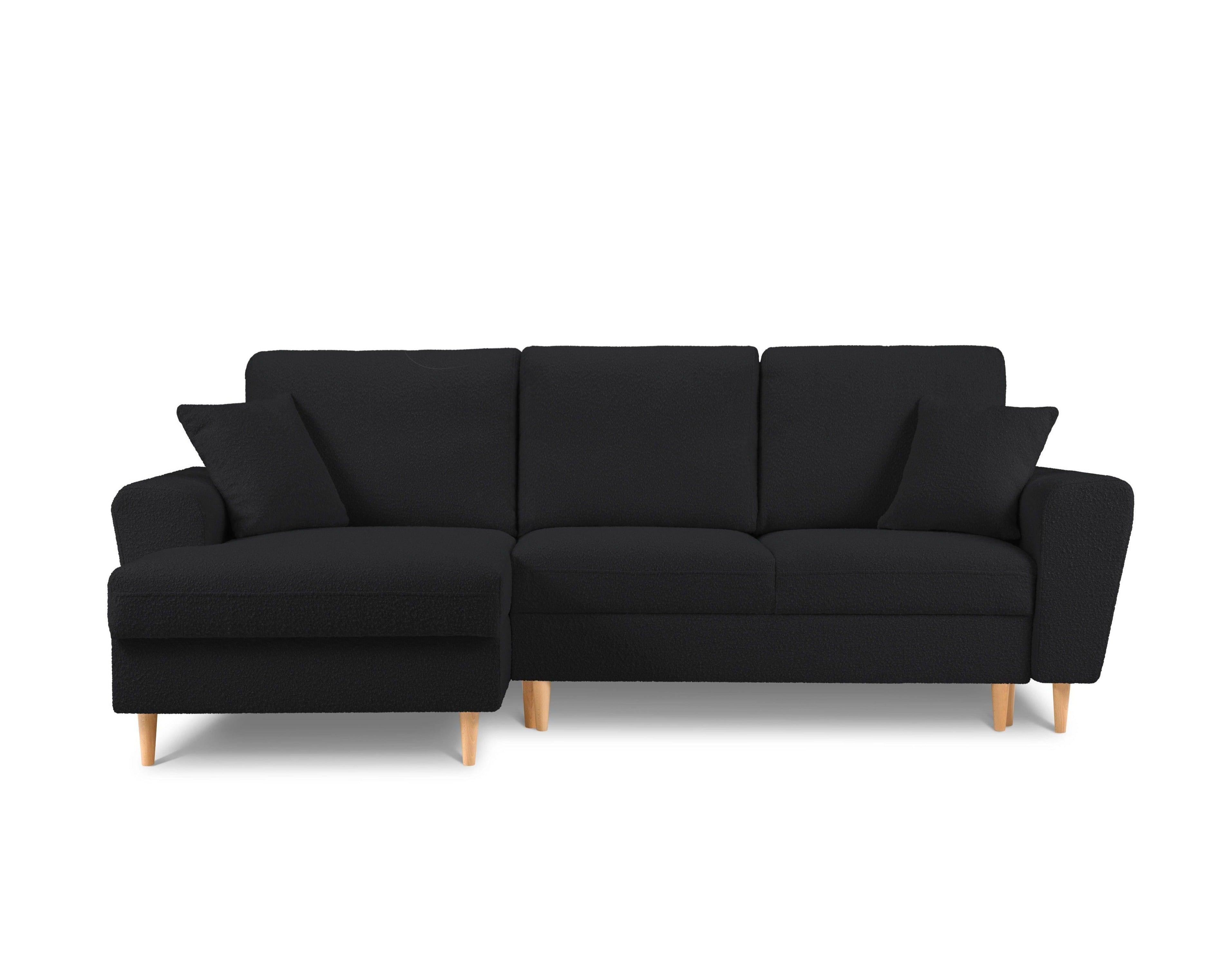 Narożnik lewostronny z funkcją spania KYOTO czarny bouclé z drewnianą podstawą Cosmopolitan Design Eye on Design
