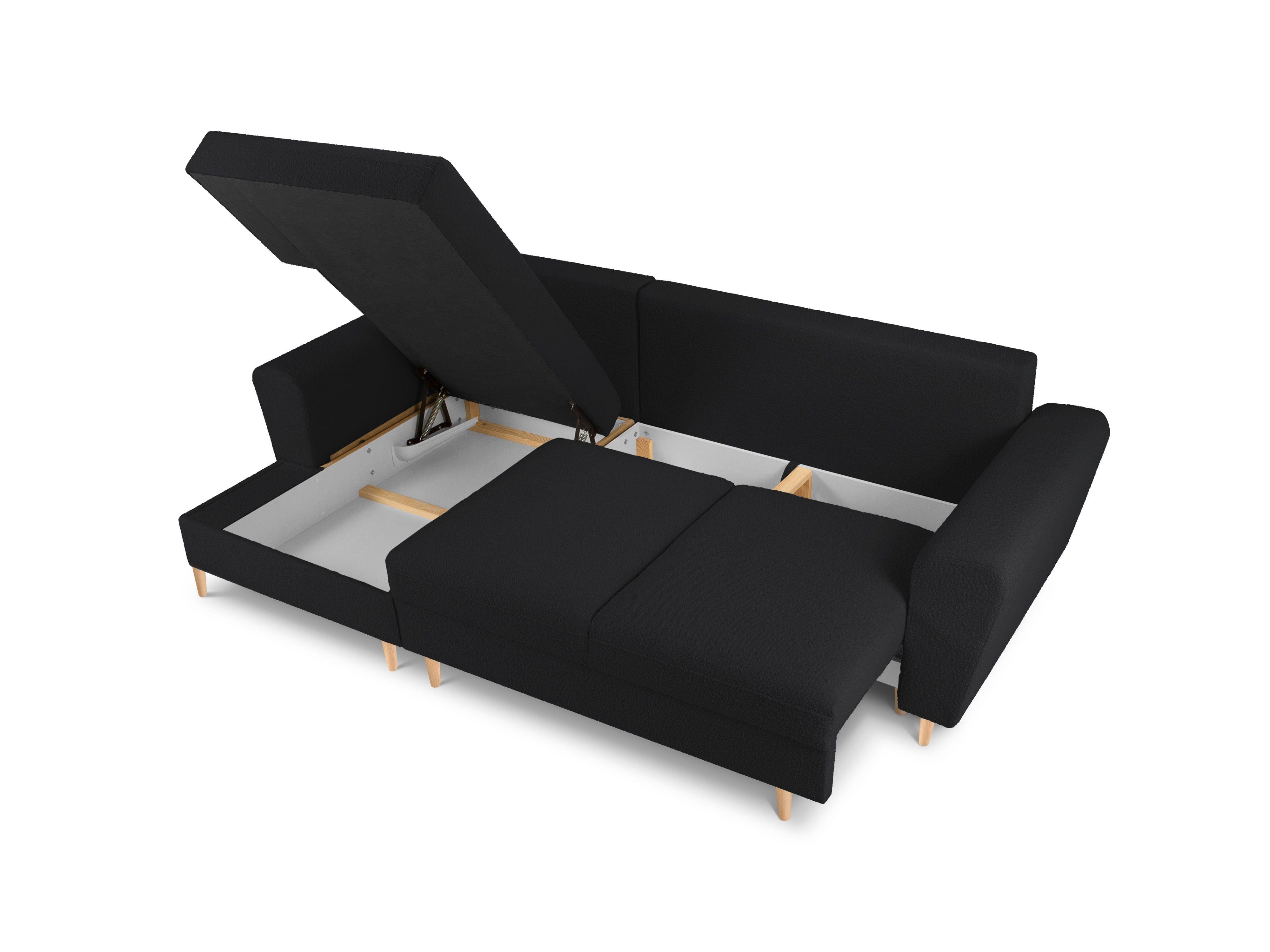 Narożnik lewostronny z funkcją spania KYOTO czarny bouclé z drewnianą podstawą Cosmopolitan Design Eye on Design