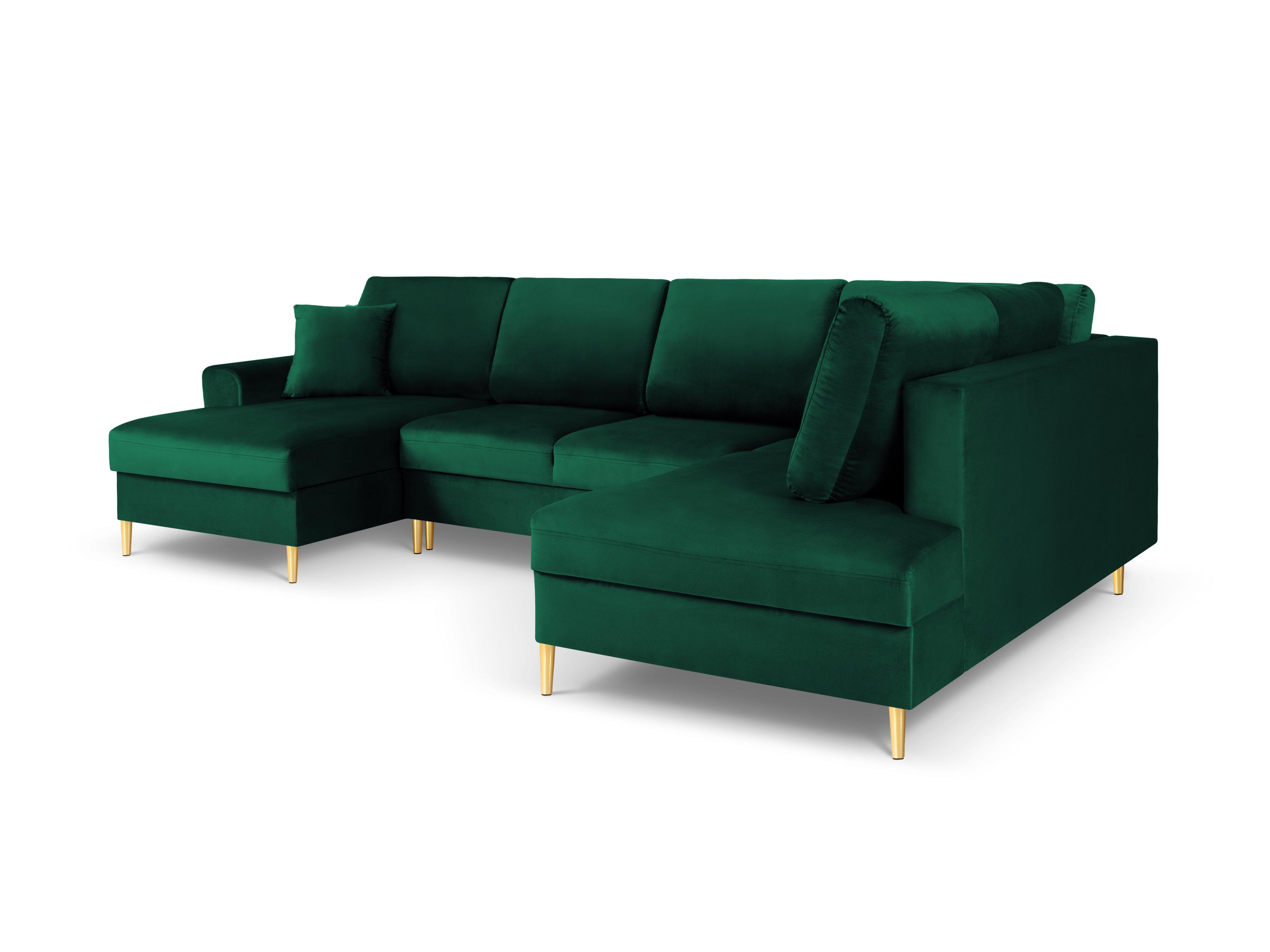 Narożnik prawostronny aksamitny panoramiczny z funkcją spania KYOTO butelkowa zieleń ze złotą podstawą Cosmopolitan Design Eye on Design