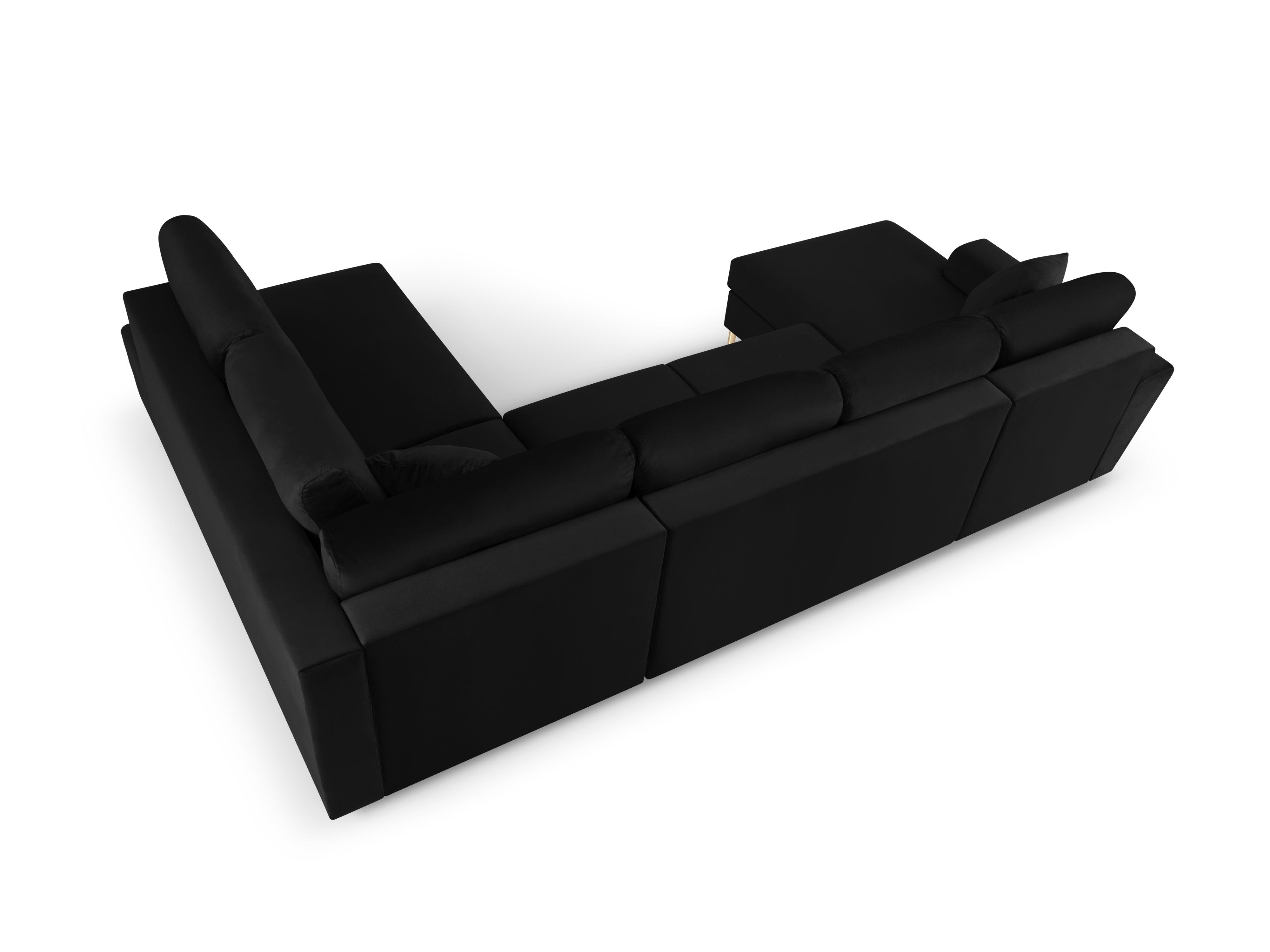 Narożnik prawostronny aksamitny panoramiczny z funkcją spania KYOTO czarny ze złotą podstawą Cosmopolitan Design Eye on Design