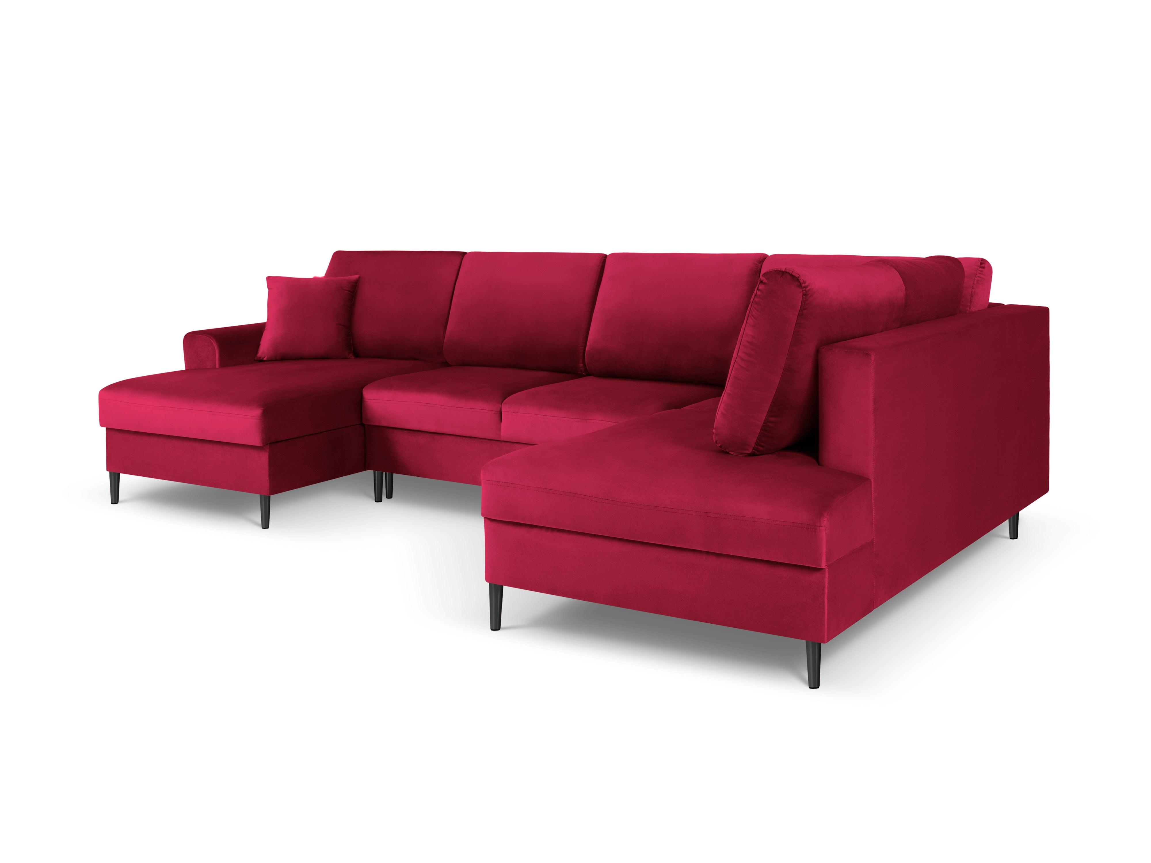 Narożnik prawostronny aksamitny panoramiczny z funkcją spania KYOTO czerwony z czarną podstawą Cosmopolitan Design Eye on Design