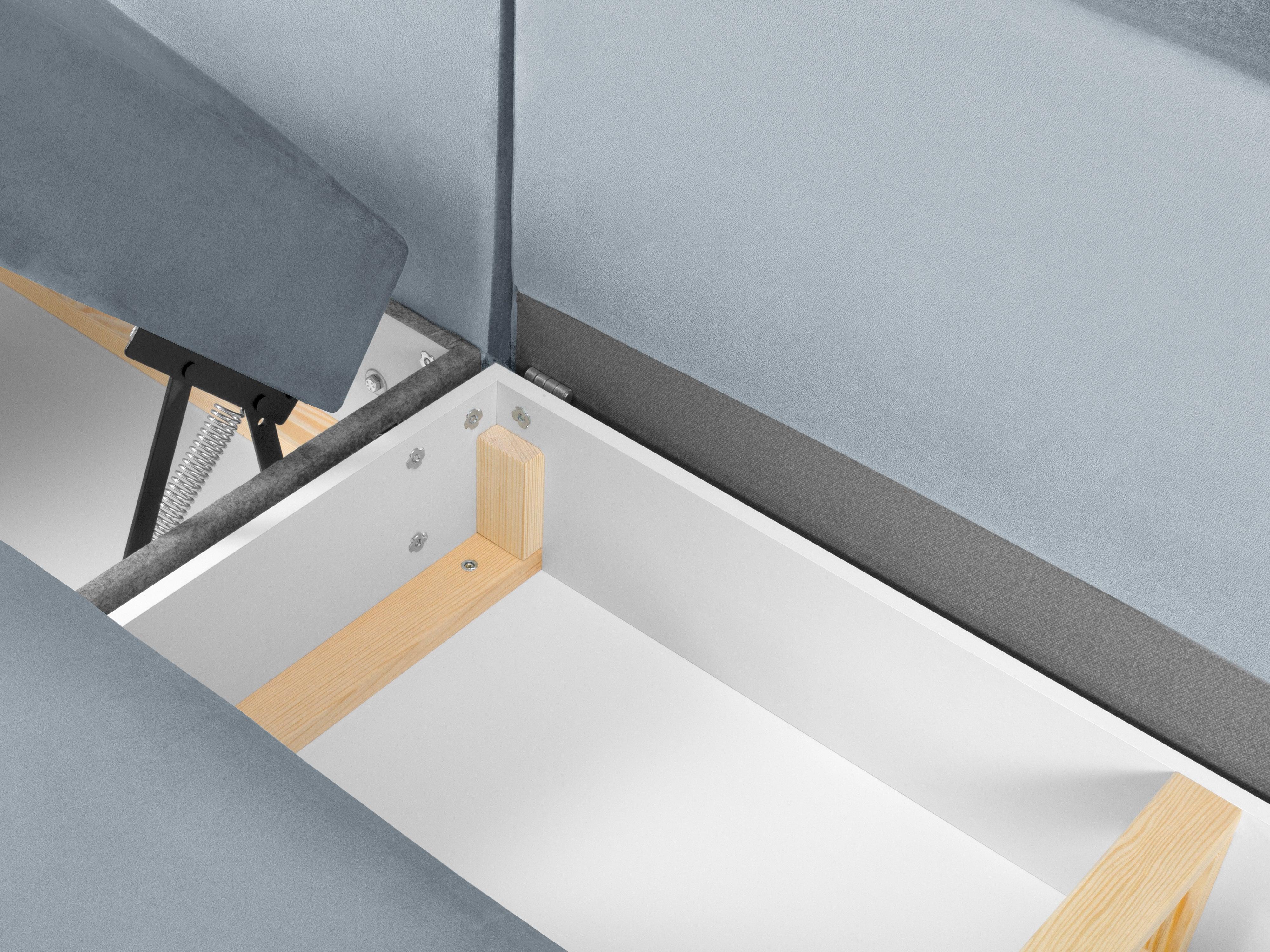 Narożnik prawostronny aksamitny panoramiczny z funkcją spania KYOTO jasnoniebieski z czarną podstawą Cosmopolitan Design Eye on Design