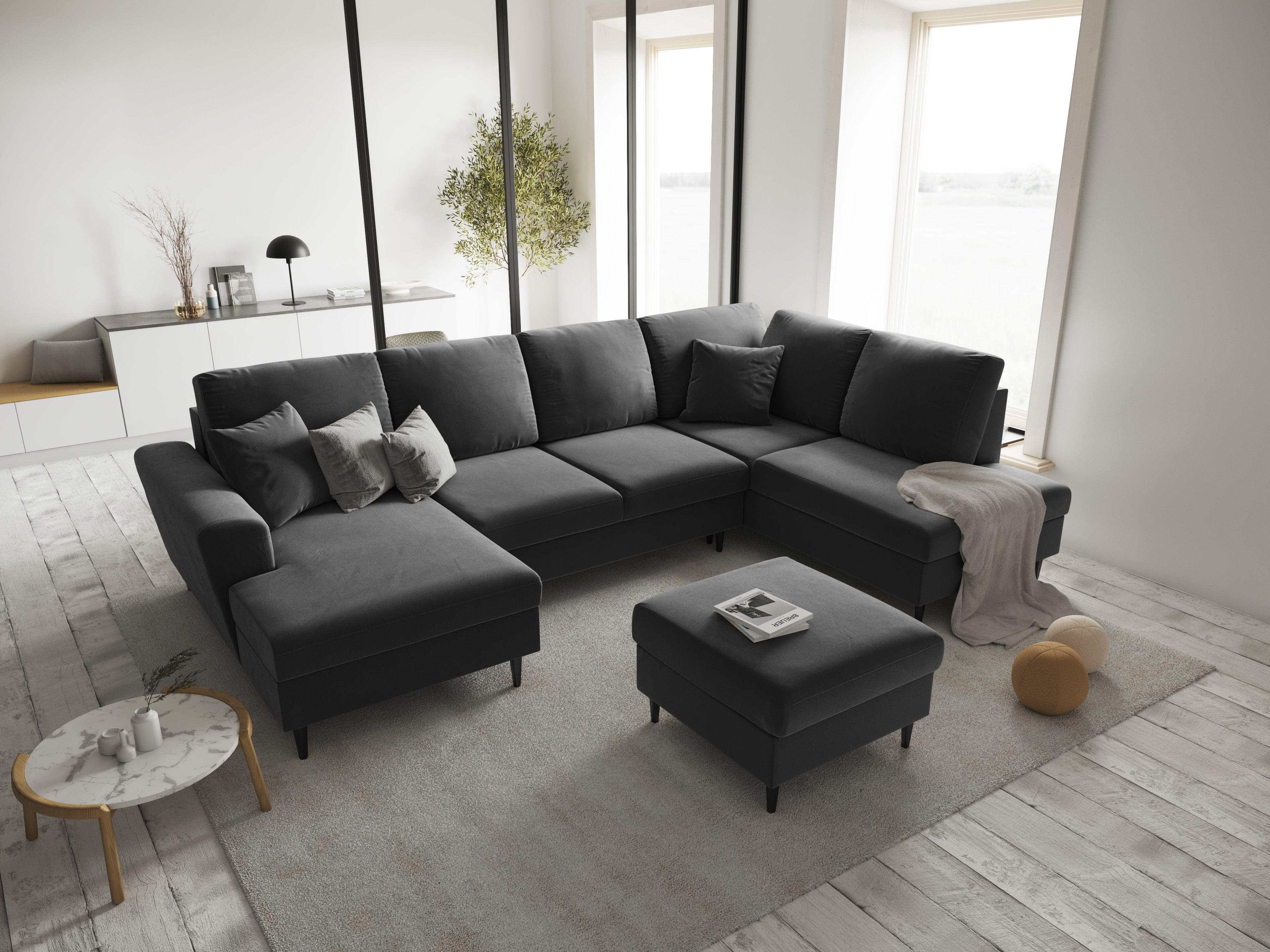 Narożnik prawostronny aksamitny panoramiczny z funkcją spania KYOTO jasnoszary z czarną podstawą Cosmopolitan Design Eye on Design