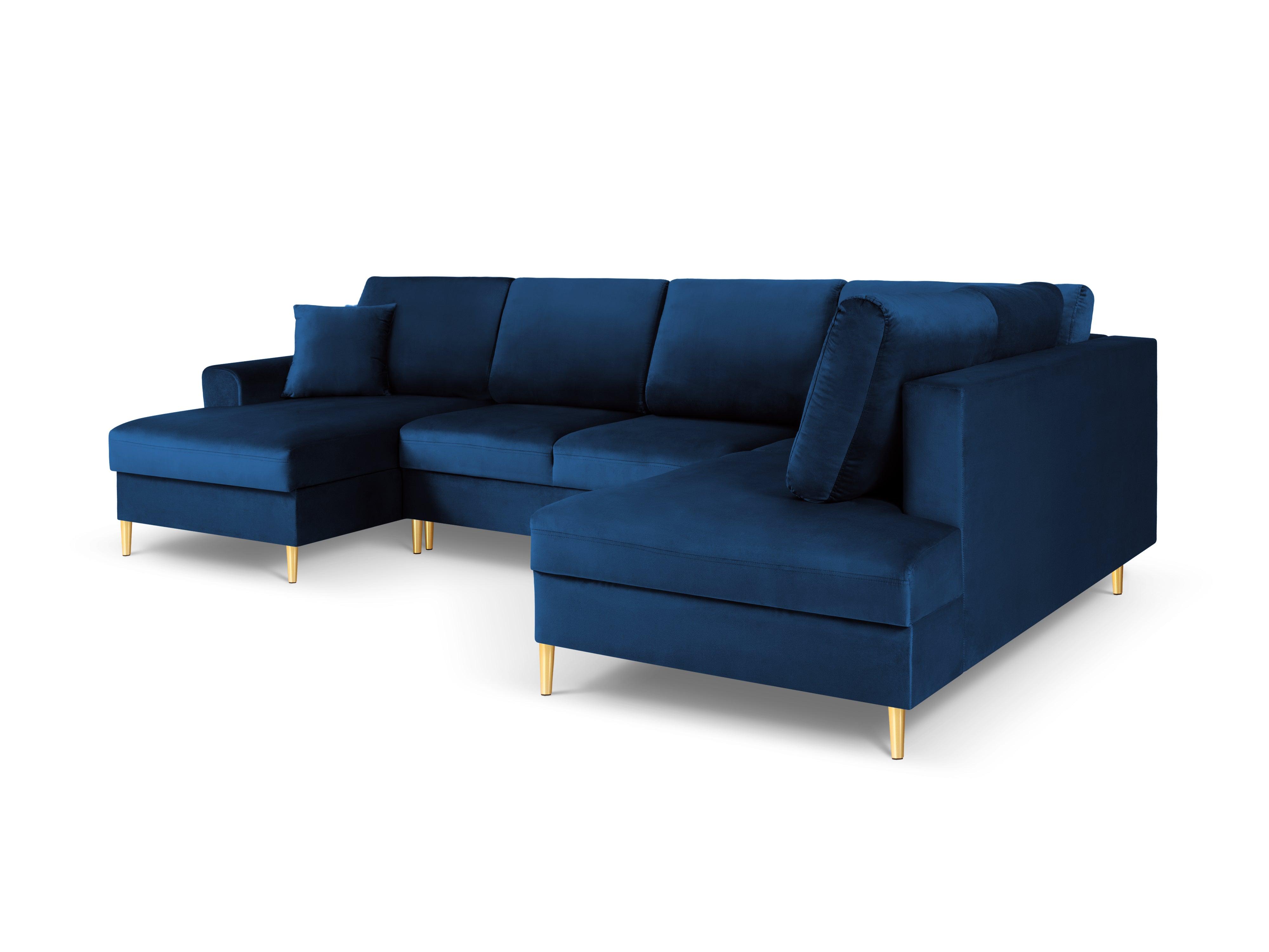Narożnik prawostronny aksamitny panoramiczny z funkcją spania KYOTO niebieski ze złotą podstawą Cosmopolitan Design Eye on Design