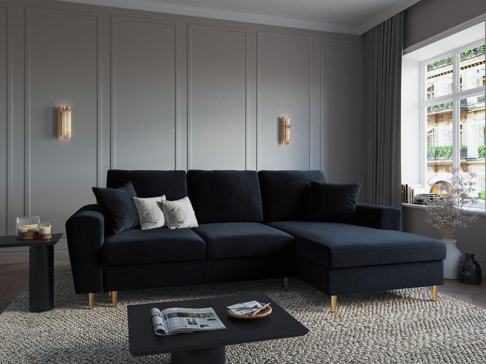 Narożnik prawostronny aksamitny z funkcją spania KYOTO ciemnoniebieski ze złotą podstawą Cosmopolitan Design Eye on Design