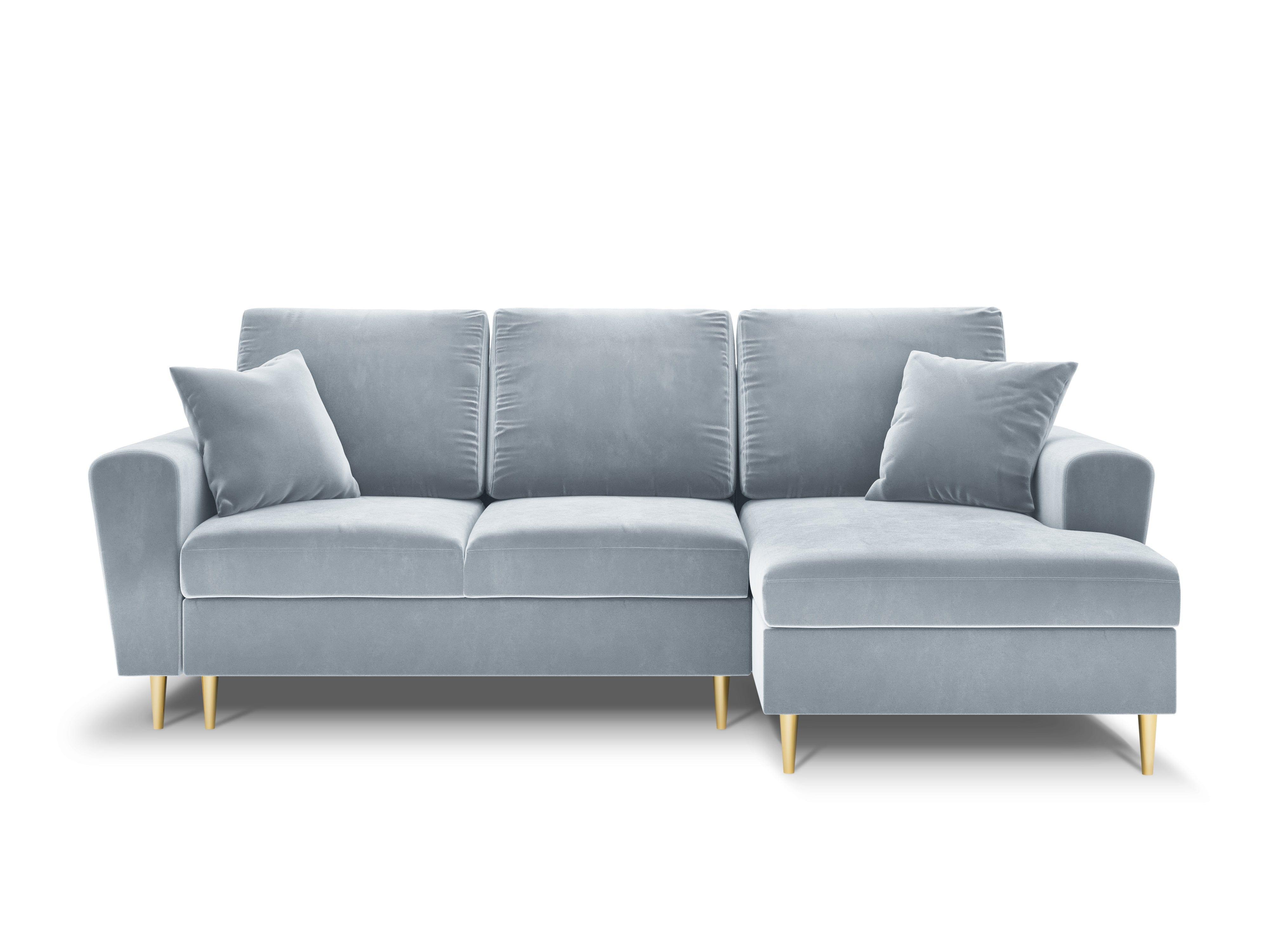 Narożnik prawostronny aksamitny z funkcją spania KYOTO jasnoniebieski ze złotą podstawą Cosmopolitan Design Eye on Design