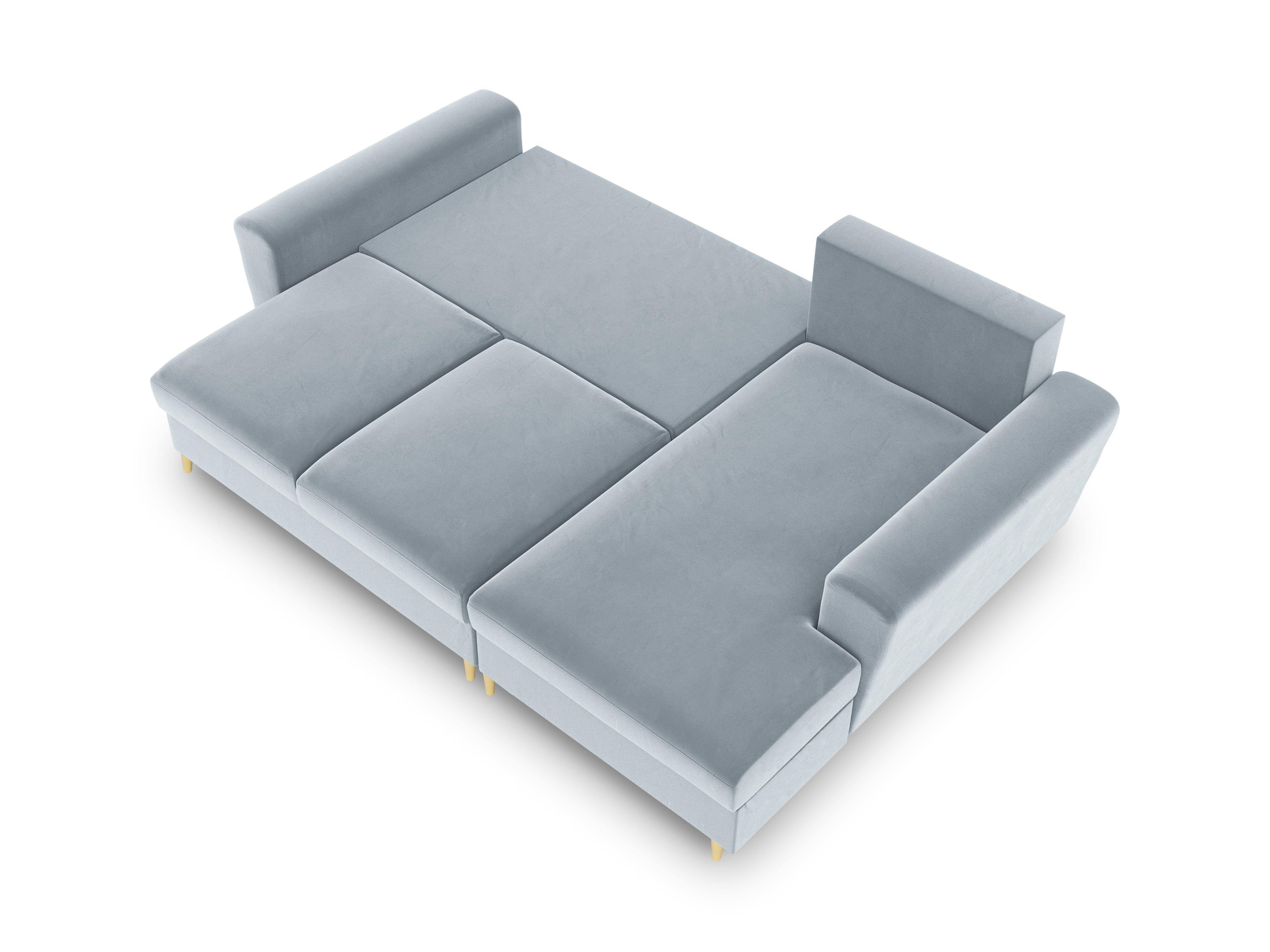 Narożnik prawostronny aksamitny z funkcją spania KYOTO jasnoniebieski ze złotą podstawą Cosmopolitan Design Eye on Design