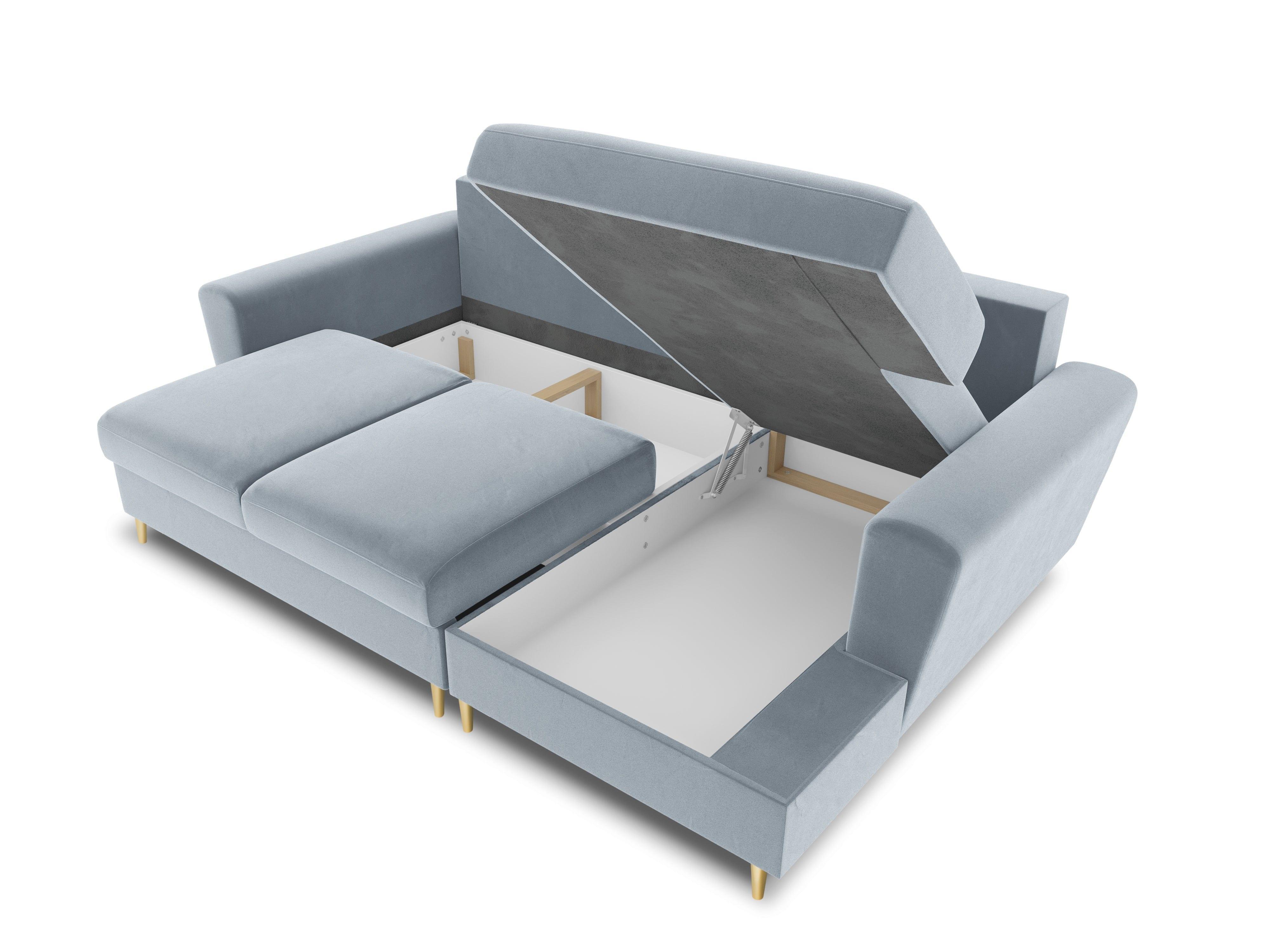 Narożnik prawostronny aksamitny z funkcją spania KYOTO jasnoniebieski ze złotą podstawą Cosmopolitan Design Eye on Design