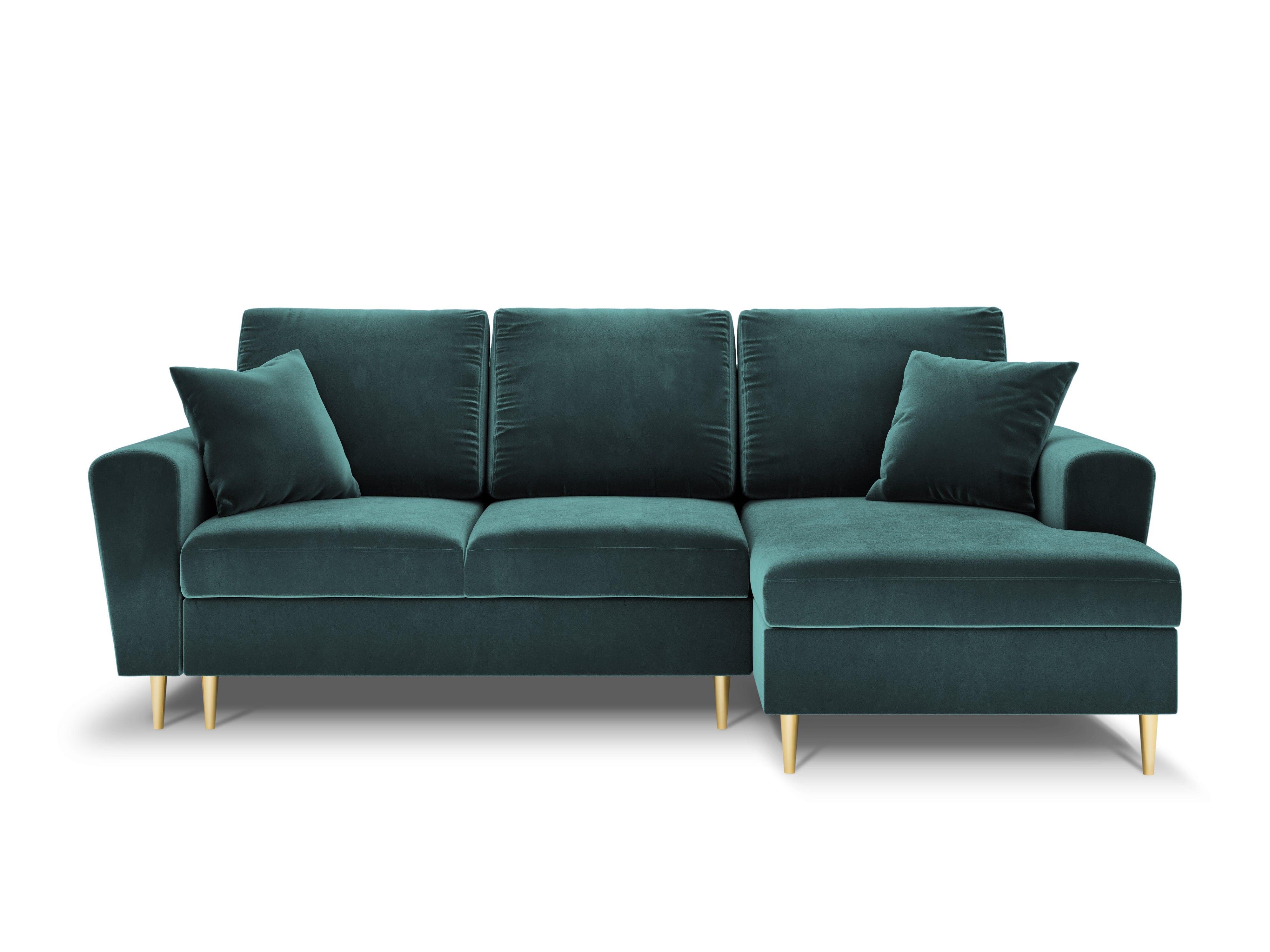 Narożnik prawostronny aksamitny z funkcją spania KYOTO petrol ze złotą podstawą Cosmopolitan Design Eye on Design