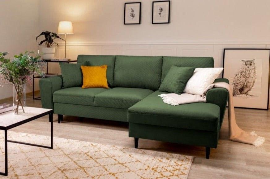 Narożnik prawostronny sztruksowy z funkcją spania KYOTO ciemnozielony Cosmopolitan Design Eye on Design