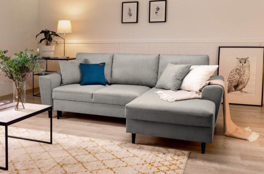 Narożnik prawostronny sztruksowy z funkcją spania KYOTO jasnoszary Cosmopolitan Design Eye on Design