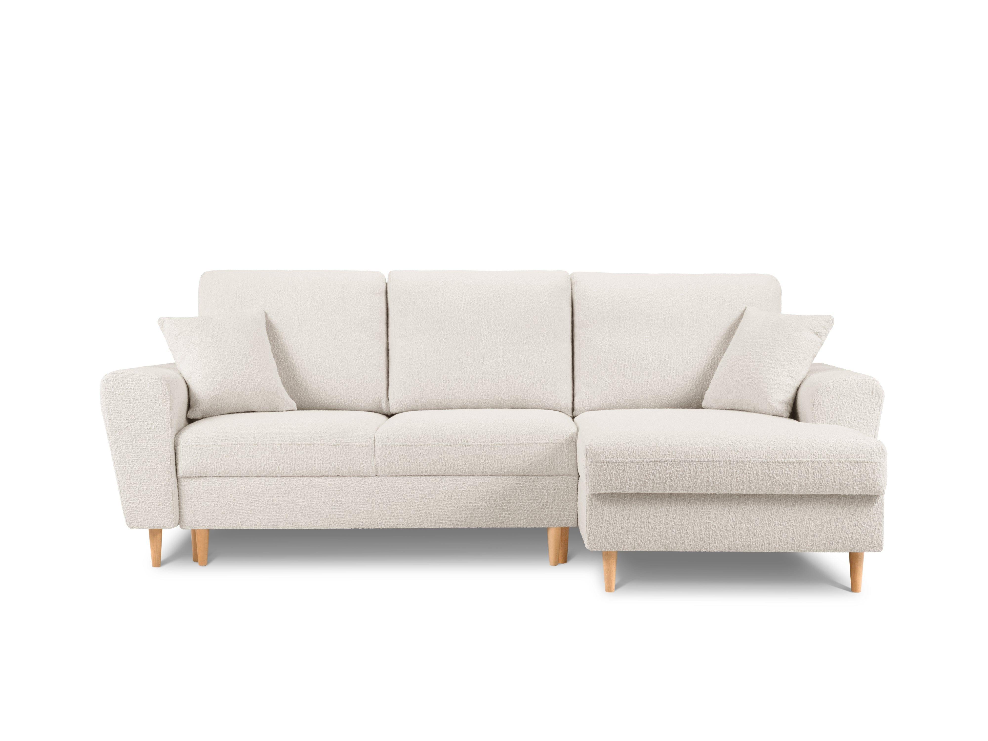 Narożnik prawostronny z funkcją spania KYOTO beżowy bouclé z drewnianą podstawą Cosmopolitan Design Eye on Design