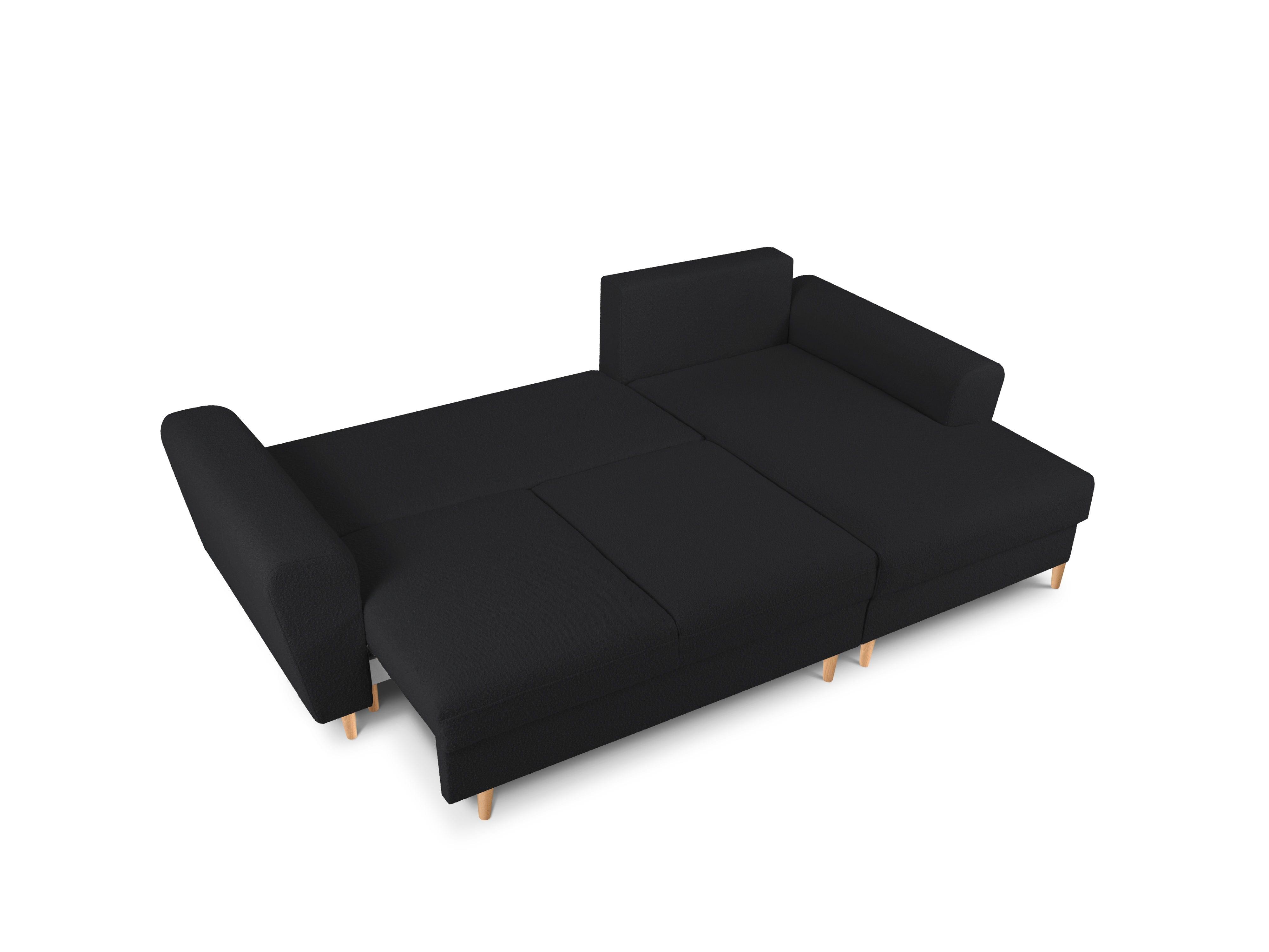 Narożnik prawostronny z funkcją spania KYOTO czarny bouclé z drewnianą podstawą Cosmopolitan Design Eye on Design