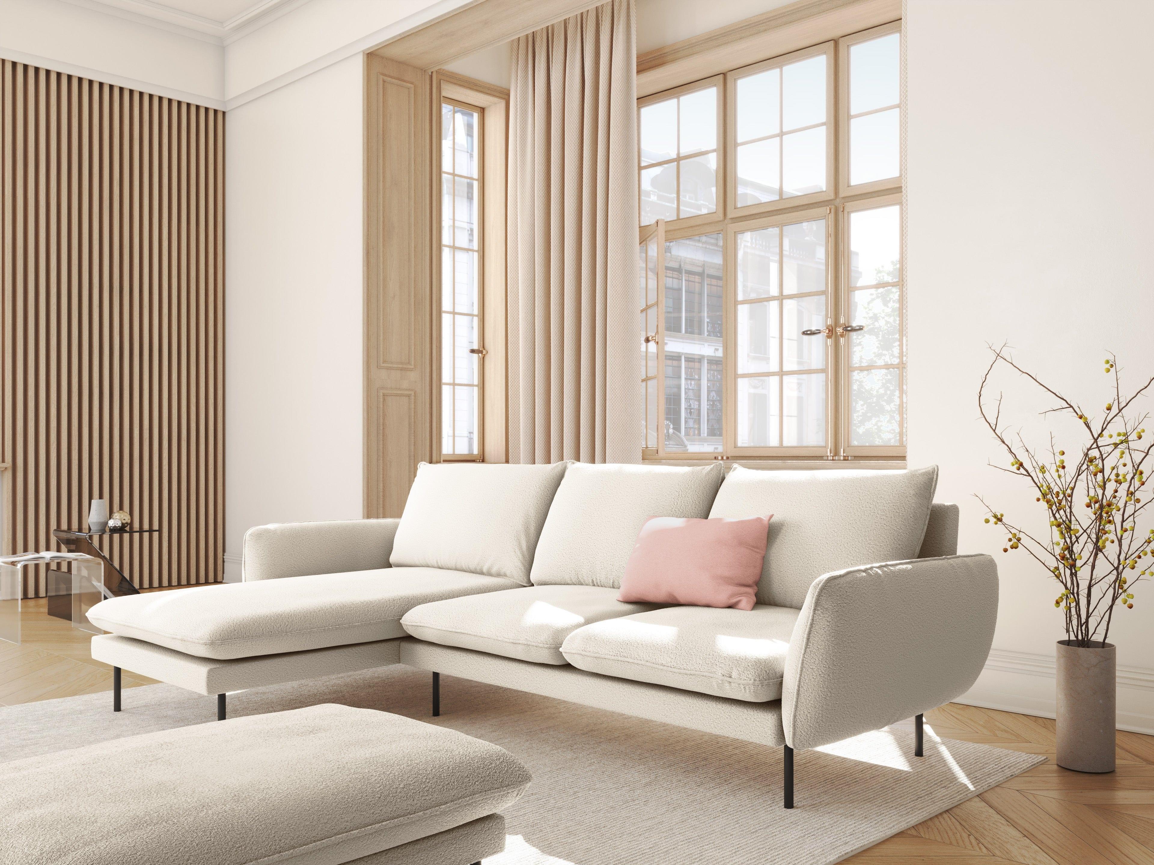Narożnik lewostronny 5-osobowy VIENNA beżowy boucle z czarną podstawą – Cosmopolitan Design
