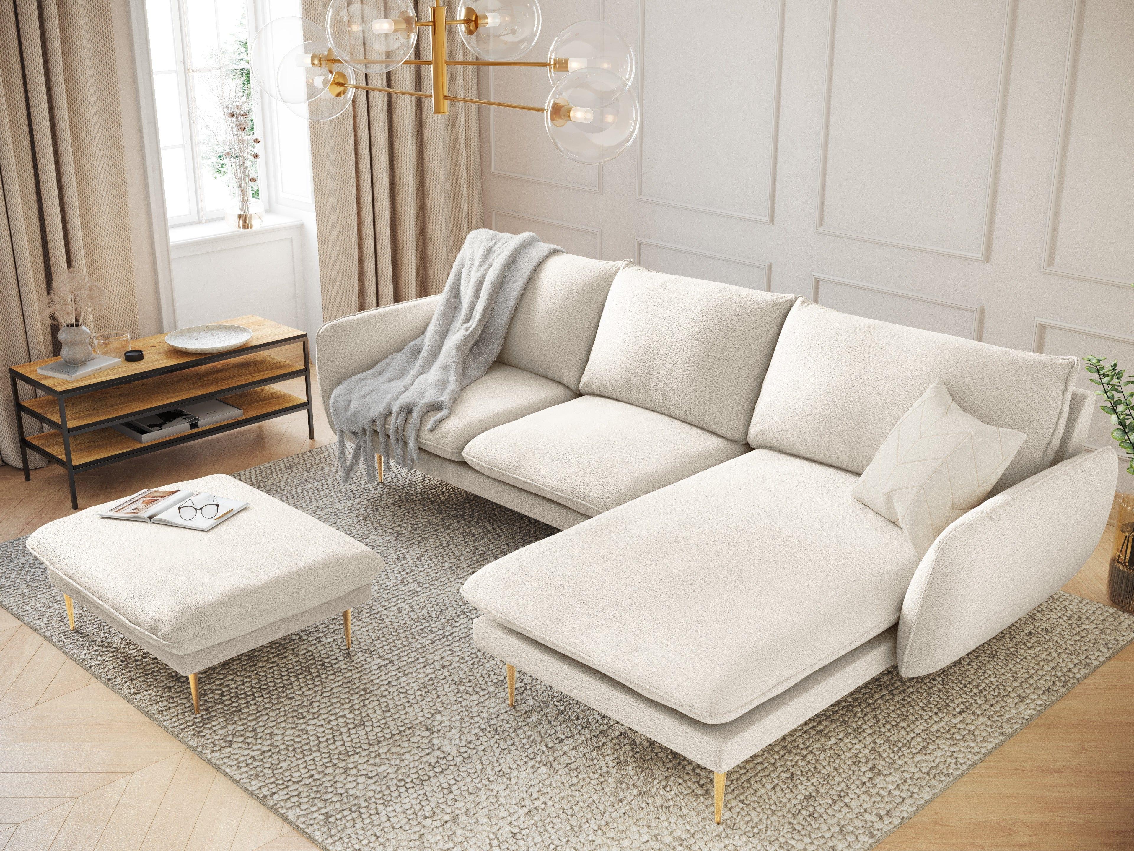 Narożnik w tkaninie boucle prawostronny VIENNA beżowy ze złotą podstawą Cosmopolitan Design Eye on Design