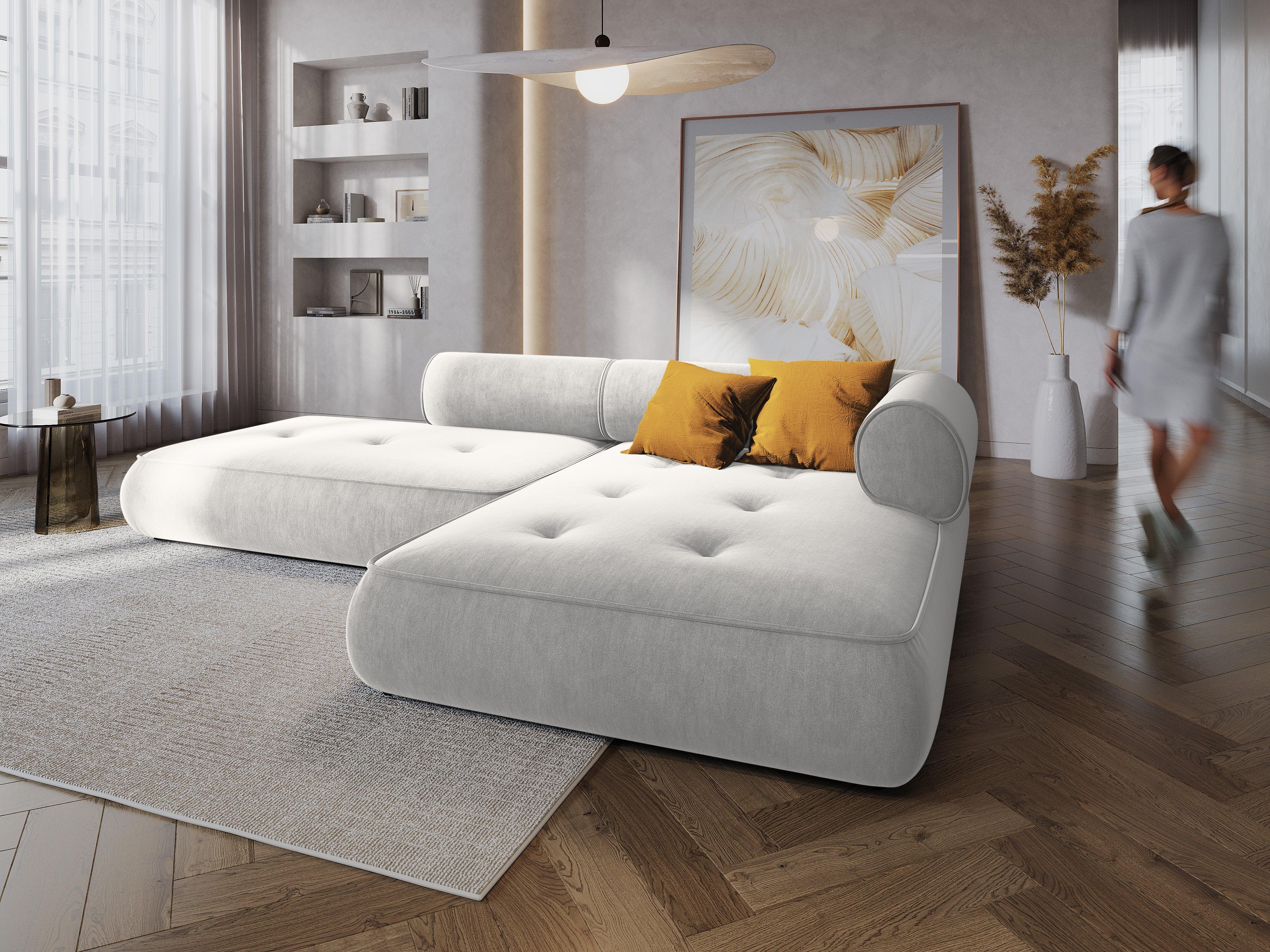 Narożnik w tkaninie szenilowej prawostronny otwarty LILY srebrny Maison Heritage Eye on Design