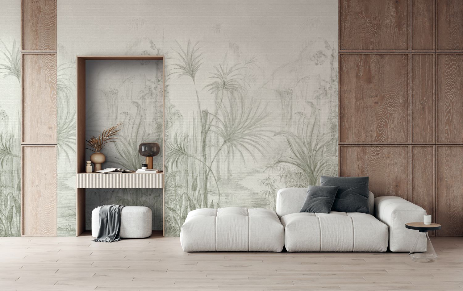Brown linen-like mural with a plant landscape of a palm grove ARILLE